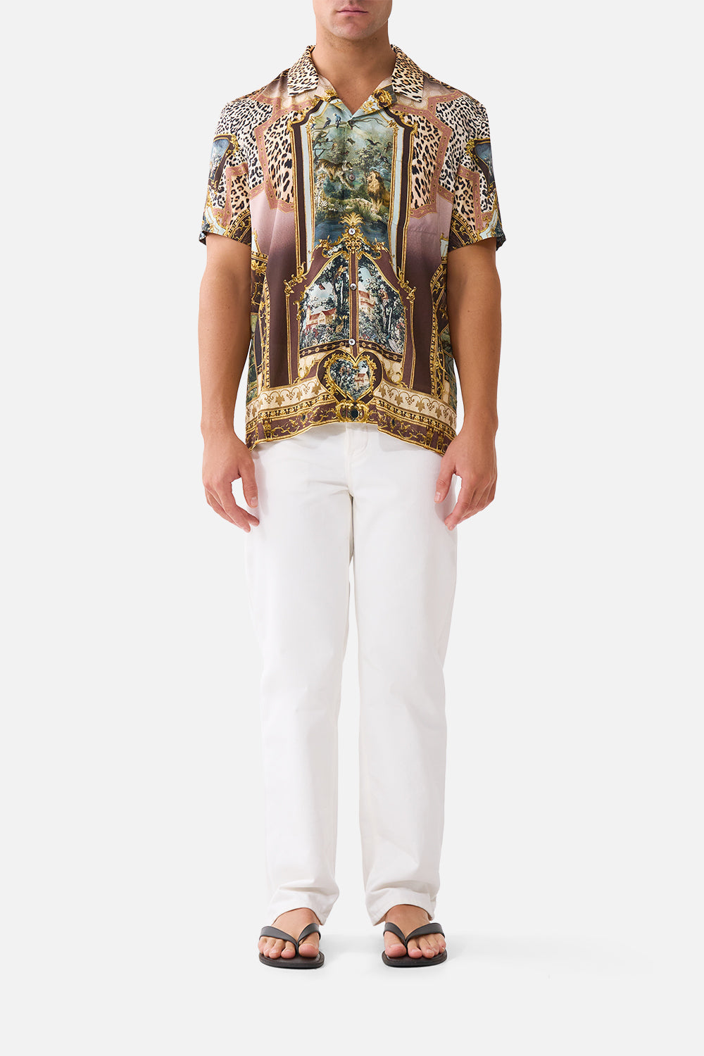 The CAMILLA Short Sleeve Camp Collared Shirt Animals in the Palace in our Animals in the Palace print.