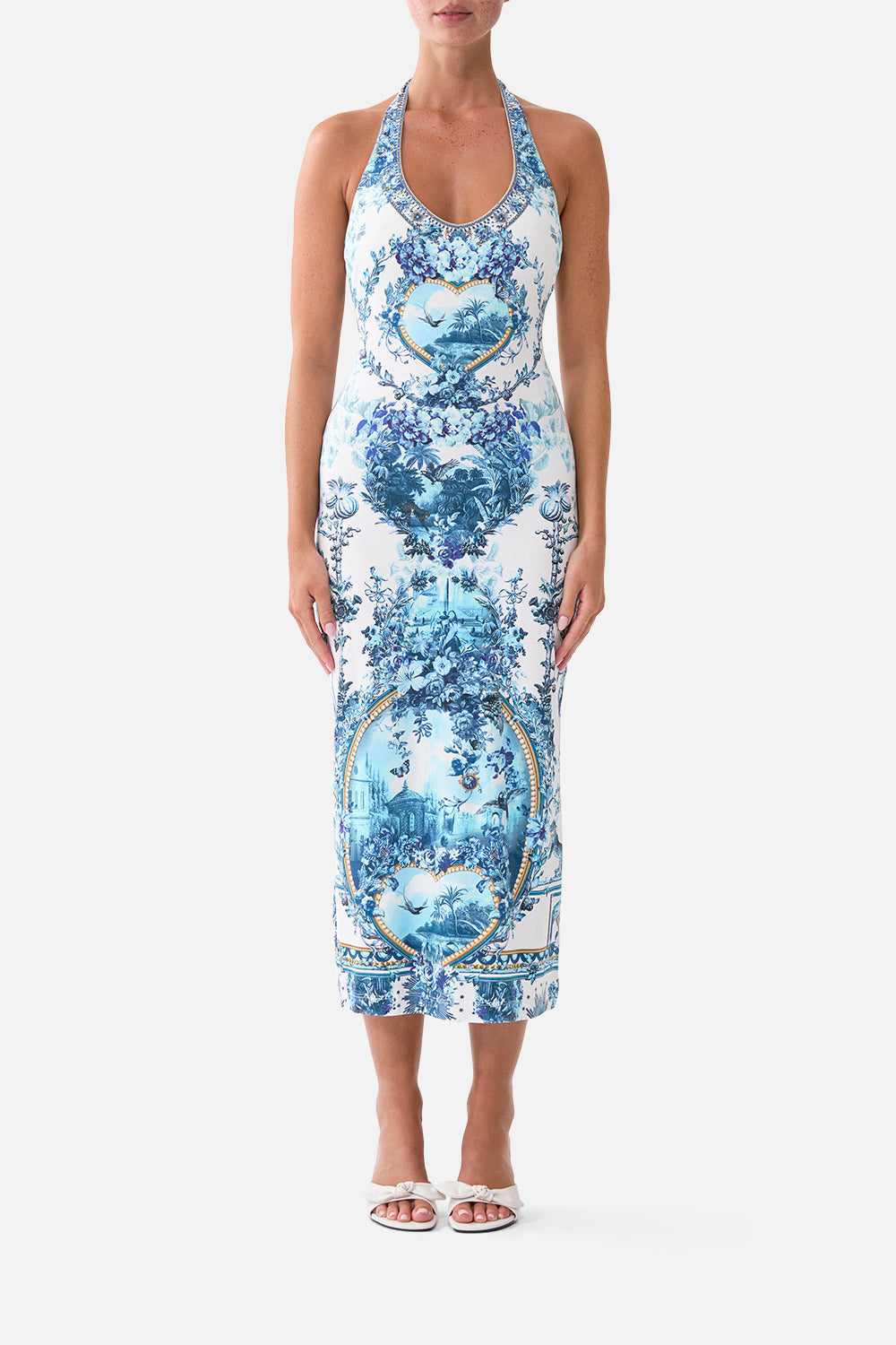 The CAMILLA Jersey Halter Dress The Porcelain Parlour in our The Porcelain Parlour print.