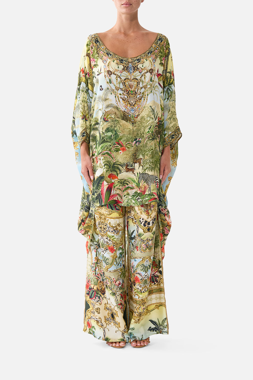 The CAMILLA Scoop Back Hem Dress in our Wanderlust Empire print, front view on model.
