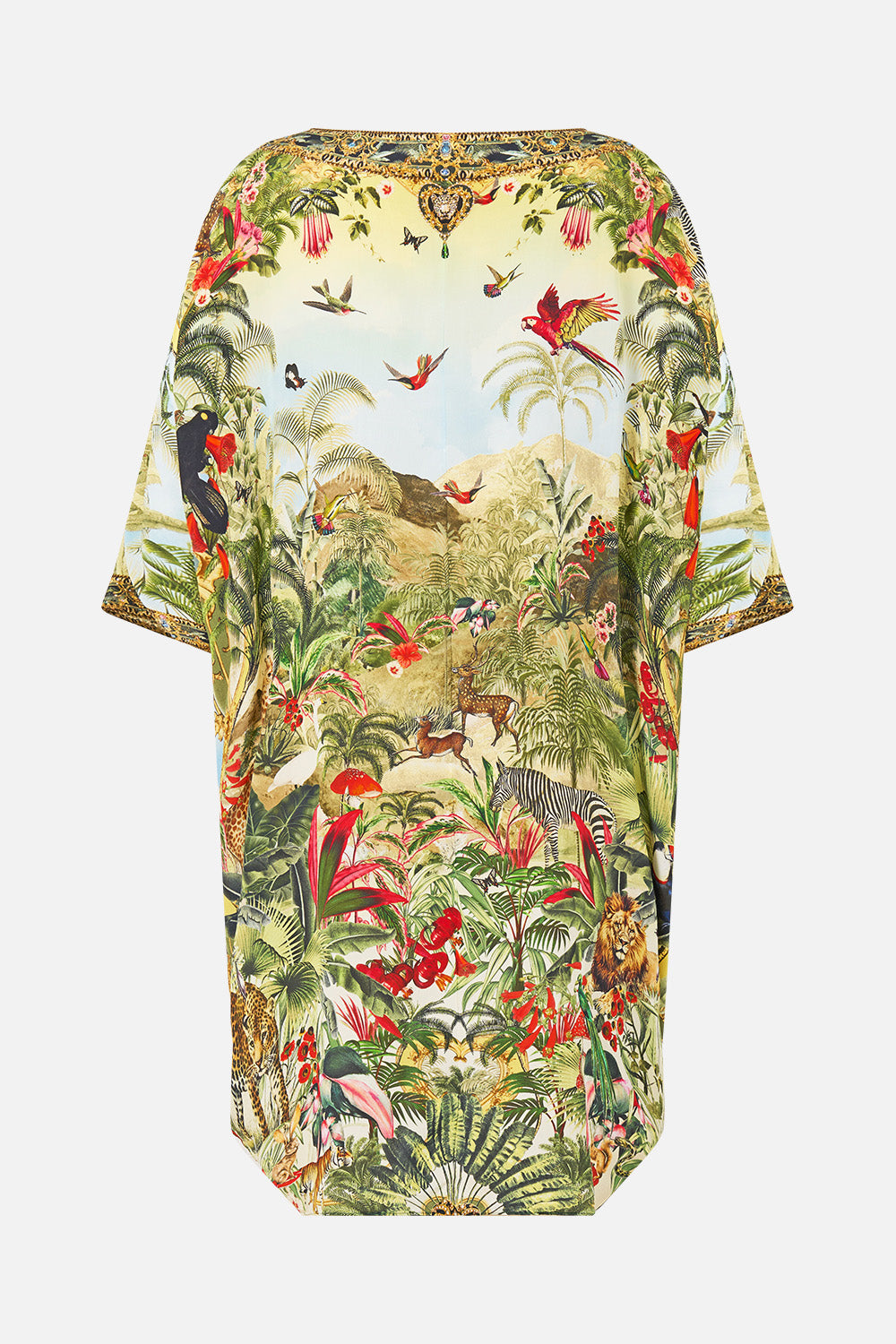 The CAMILLA Scoop Back Hem Dress in our Wanderlust Empire print, back view.