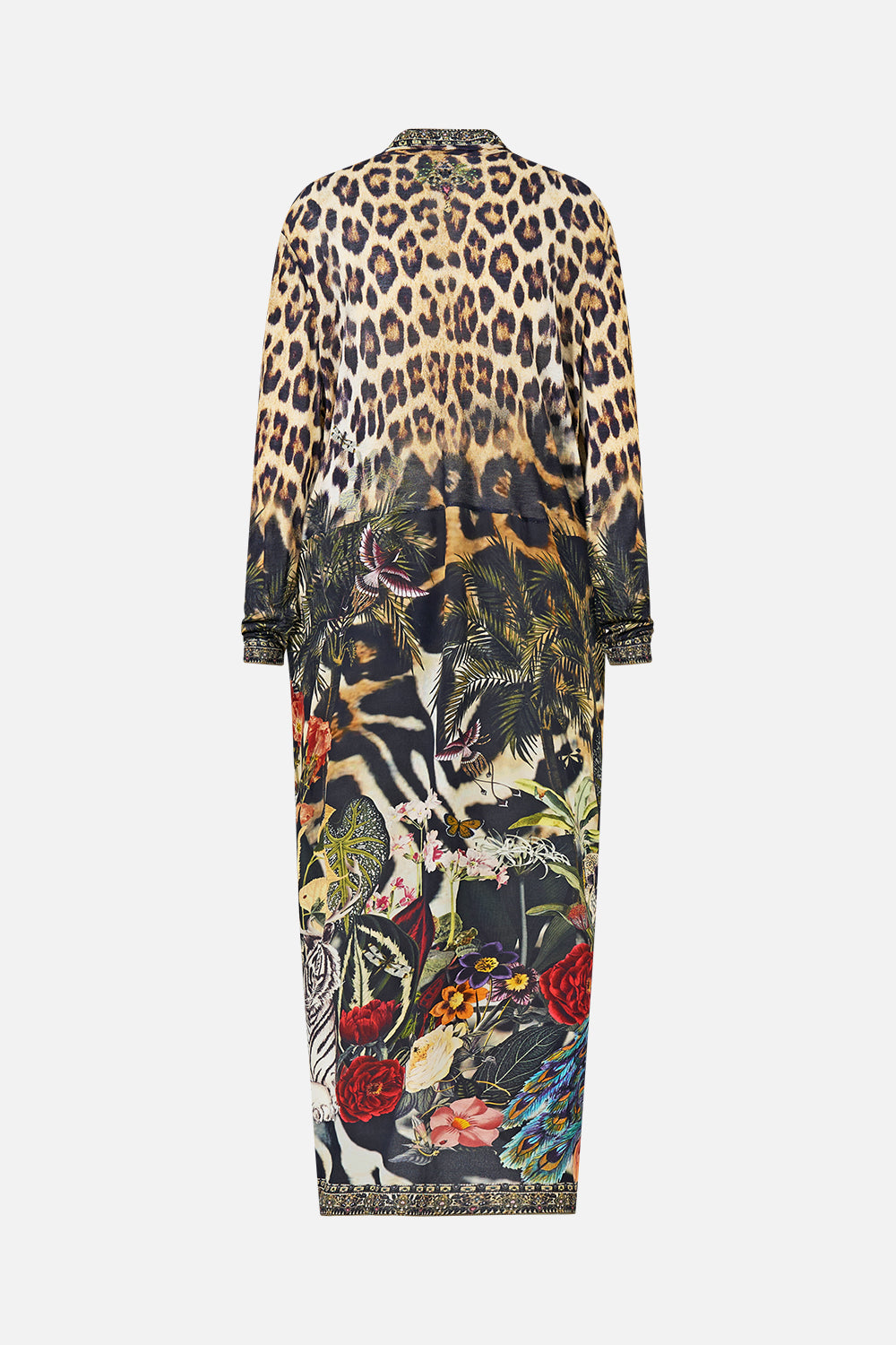 The CAMILLA Long Casual Jacket with Pockets in our Leotigra Land print, back view.