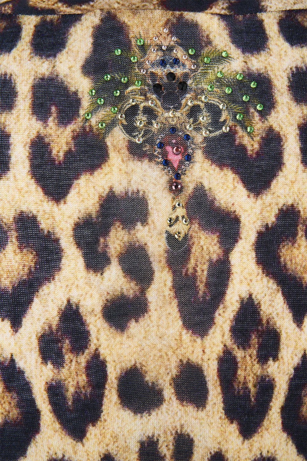 The CAMILLA Long Casual Jacket with Pockets in our Leotigra Land print, fabric detail.