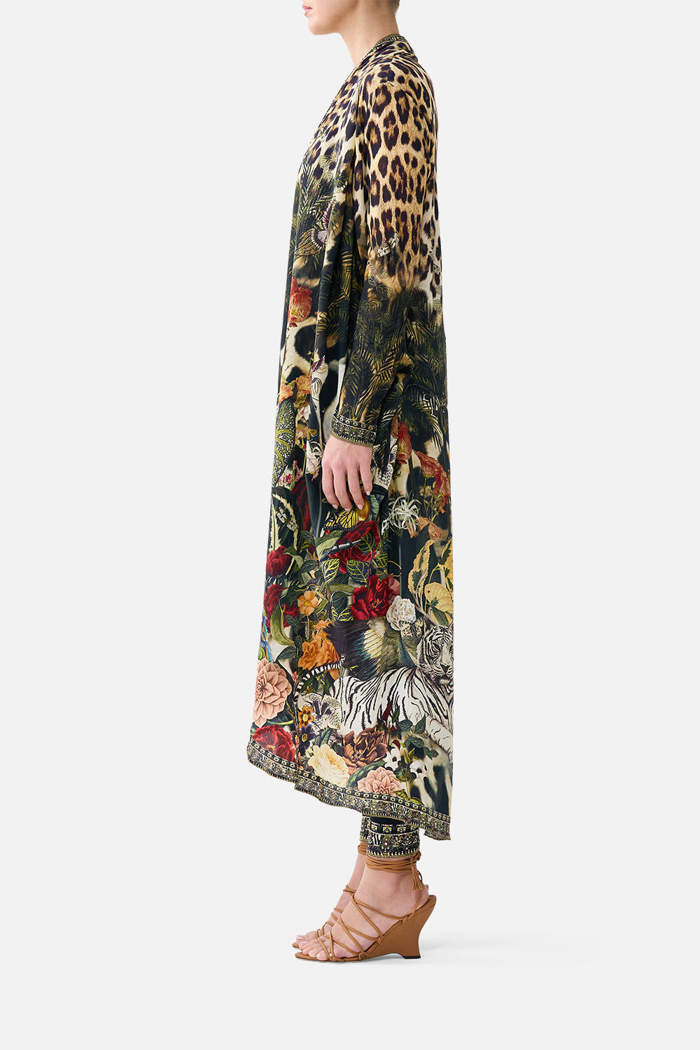 The CAMILLA Long Casual Jacket with Pockets in our Leotigra Land print, side view on model.