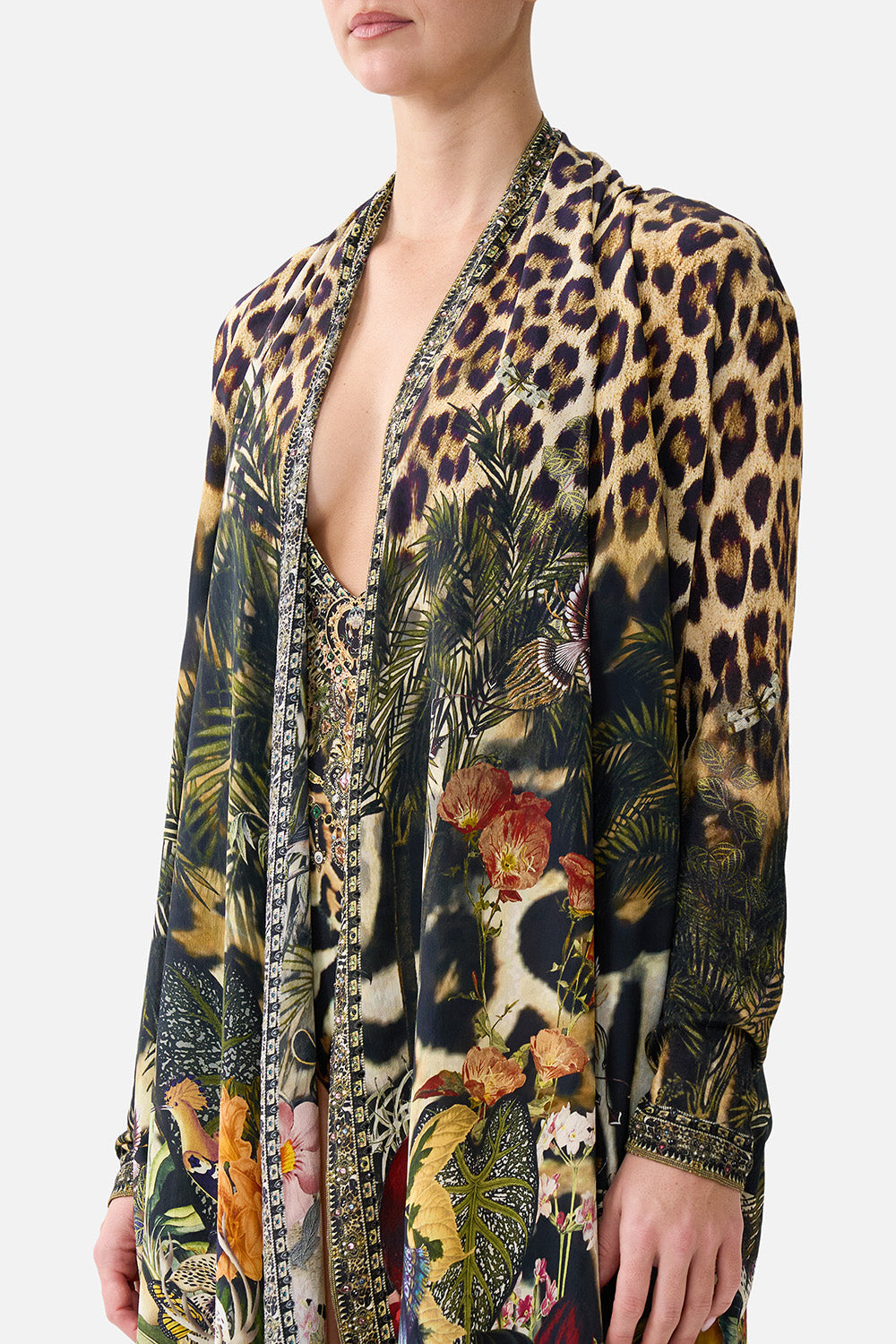 The CAMILLA Long Casual Jacket With Pockets Leotigra Land in our Leotigra Land print.