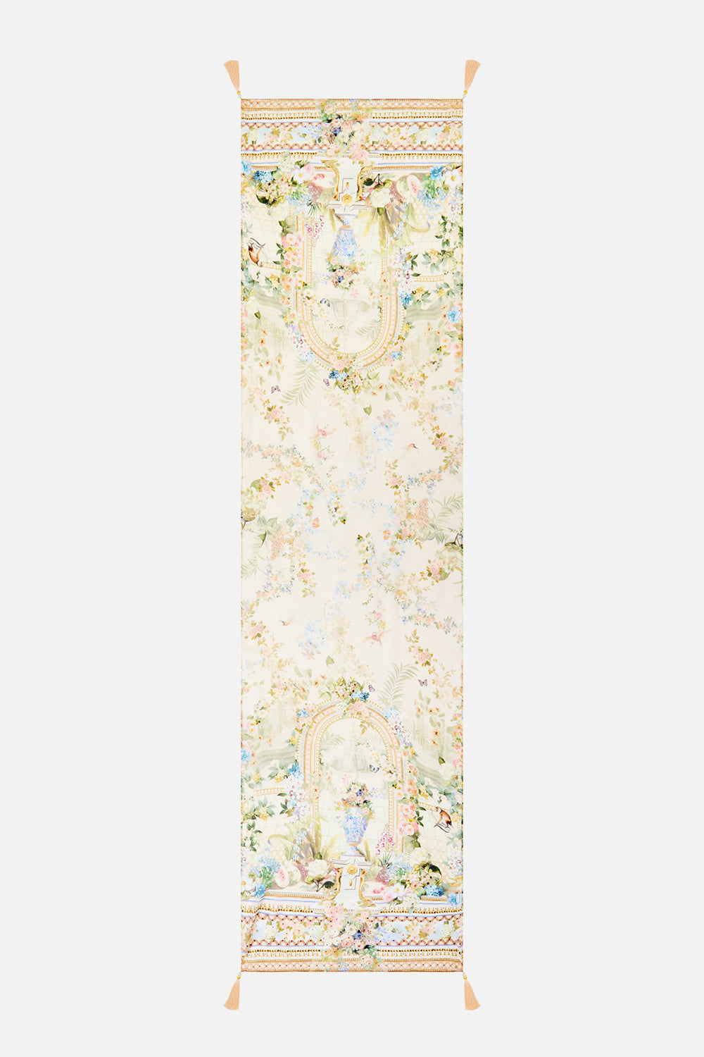 The CAMILLA Long Silk Crinkle Chiffon Scarf Midsummer Masterpiece in our Midsummer Masterpiece print.