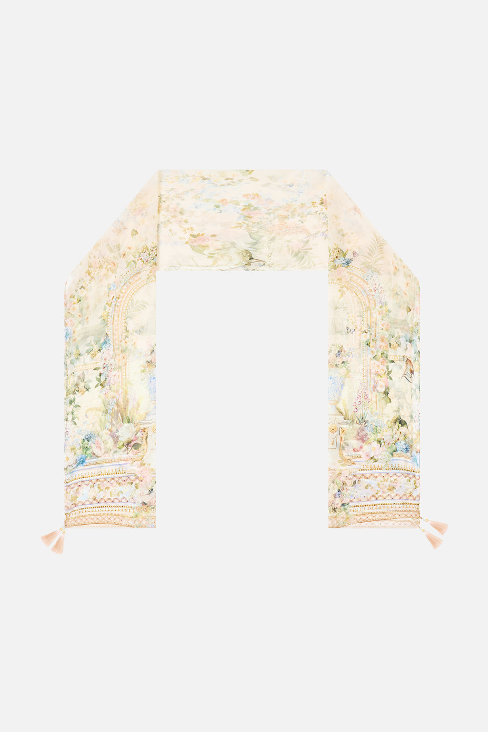 The CAMILLA Long Silk Crinkle Chiffon Scarf Midsummer Masterpiece in our Midsummer Masterpiece print.