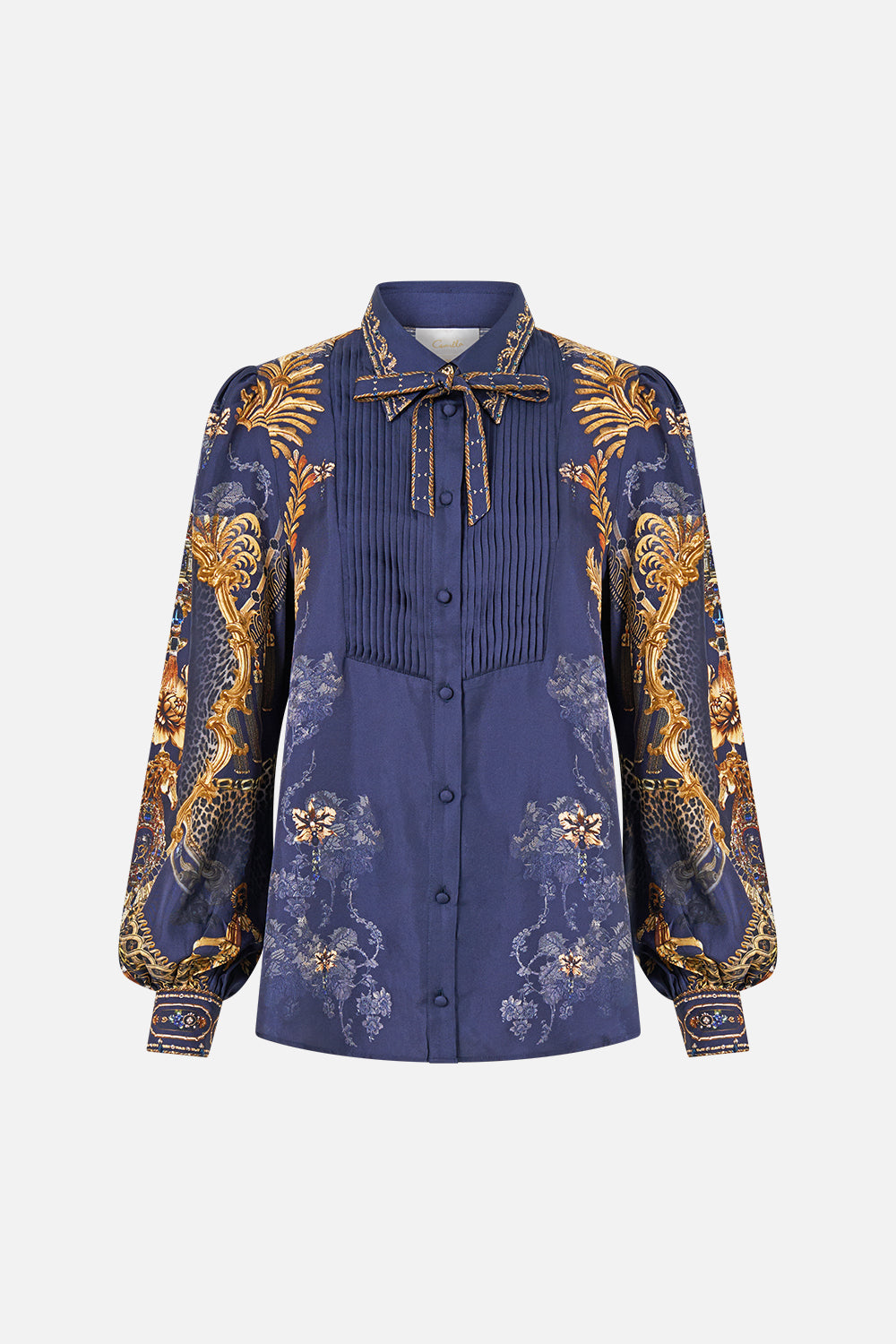 The CAMILLA Collared Shirt with Pintucks in our Cloaked in Baroque print, front view.