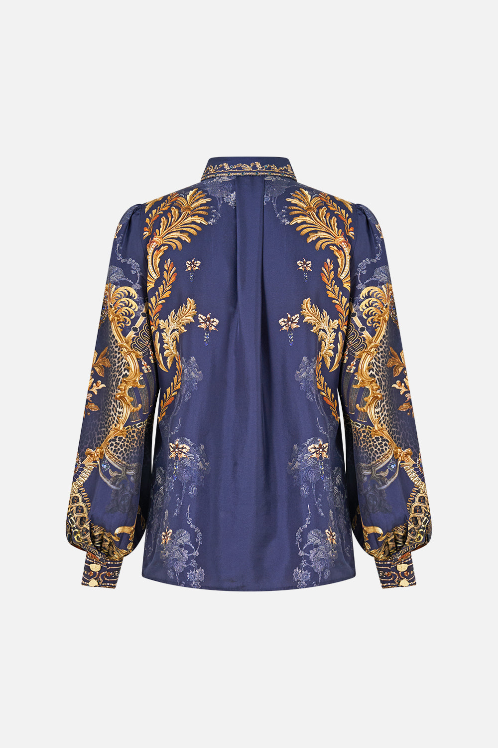The CAMILLA Collared Shirt with Pintucks in our Cloaked in Baroque print, back view.
