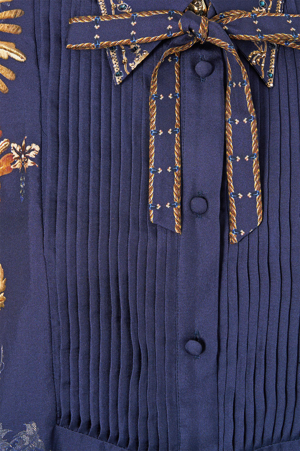 The CAMILLA Collared Shirt with Pintucks in our Cloaked in Baroque print, fabric detail.