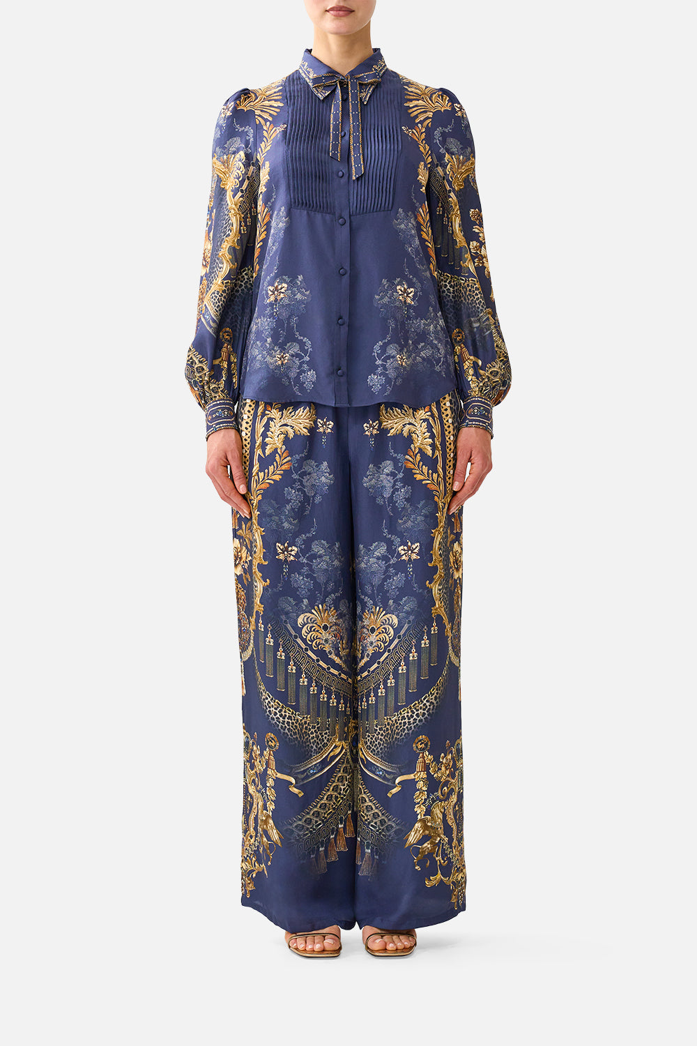 The CAMILLA Collared Shirt with Pintucks in our Cloaked in Baroque print, front view on model.