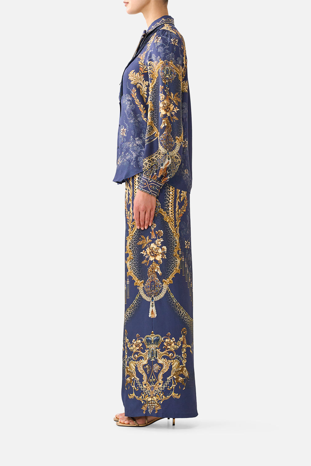 The CAMILLA Collared Shirt with Pintucks in our Cloaked in Baroque print, side view on model.