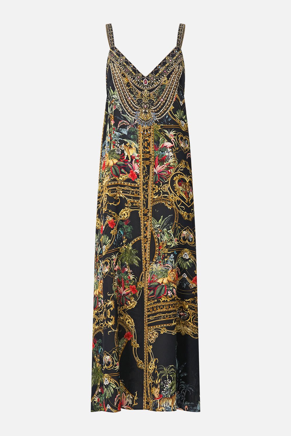The CAMILLA V Neck Midi Slip Dress Palace Zoology in our Palace Zoology print.