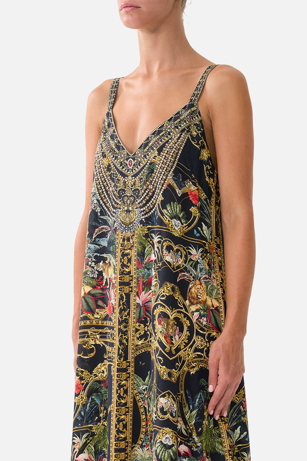 The CAMILLA V Neck Midi Slip Dress Palace Zoology in our Palace Zoology print.