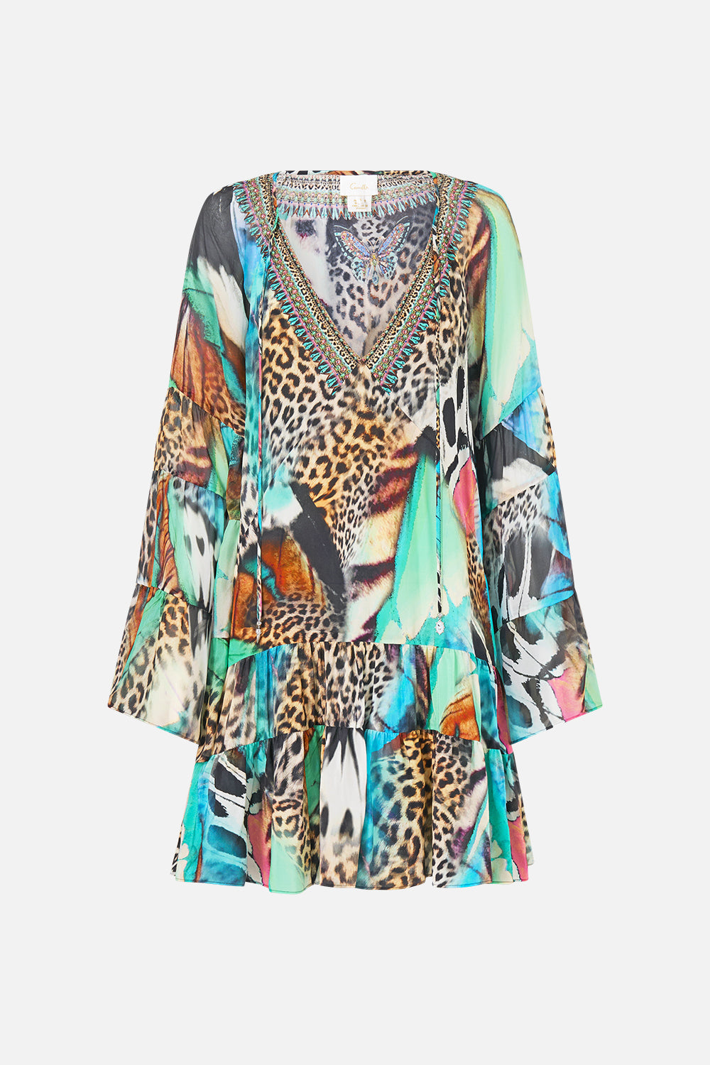 The CAMILLA A-Line Gathered Panel Dress in our Butterfly Bohemia print, front view.