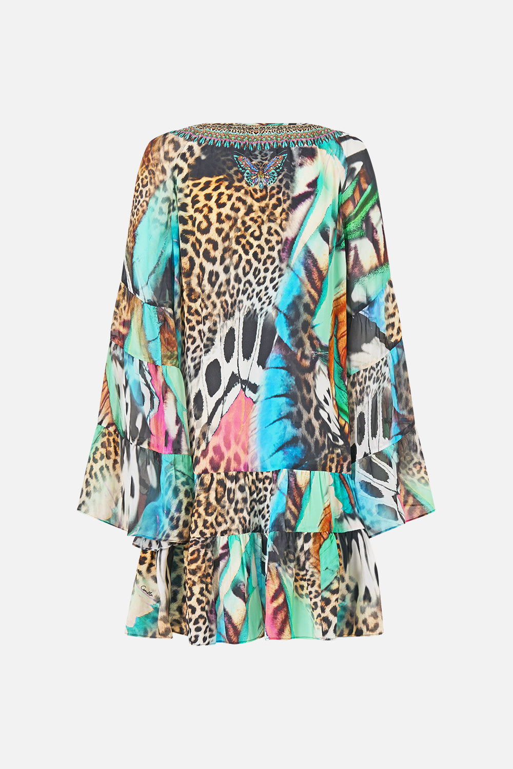 The CAMILLA A-Line Gathered Panel Dress in our Butterfly Bohemia print, back view.
