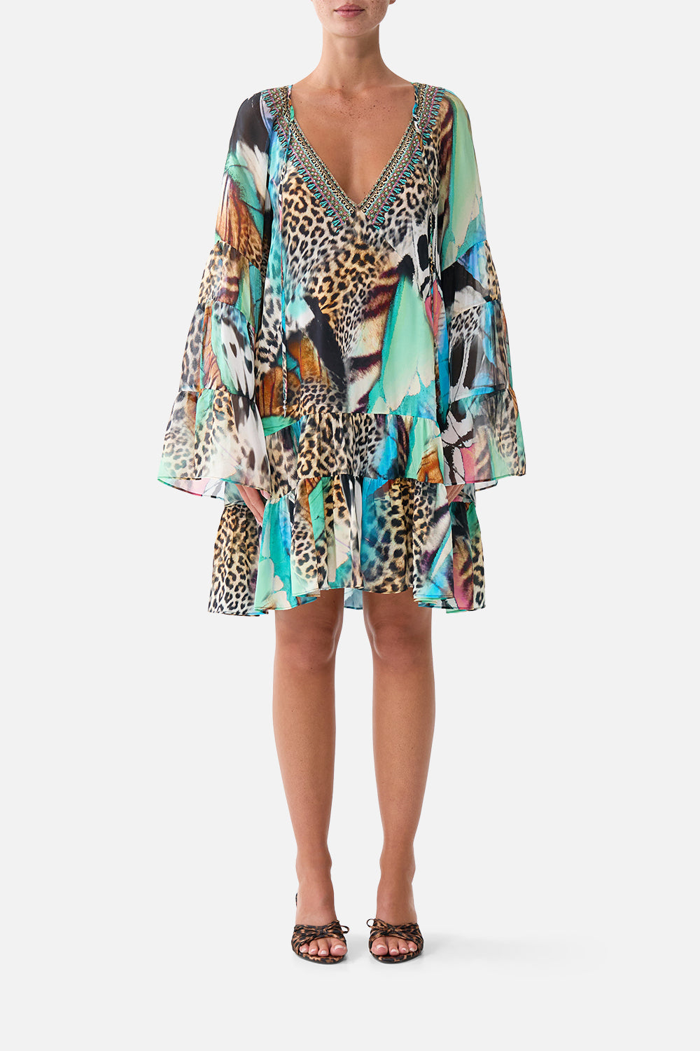 The CAMILLA A-Line Gathered Panel Dress in our Butterfly Bohemia print, front view on model.