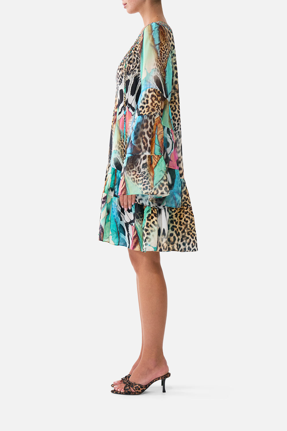 The CAMILLA A-Line Gathered Panel Dress in our Butterfly Bohemia print, side view on model.