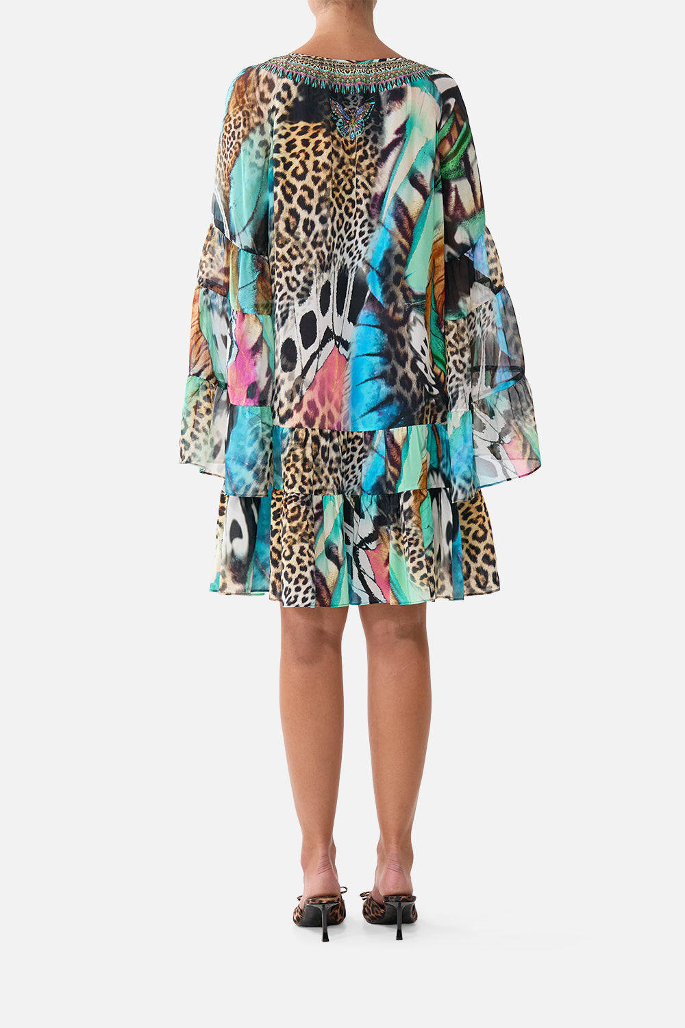 The CAMILLA A-Line Gathered Panel Dress in our Butterfly Bohemia print, back view on model.