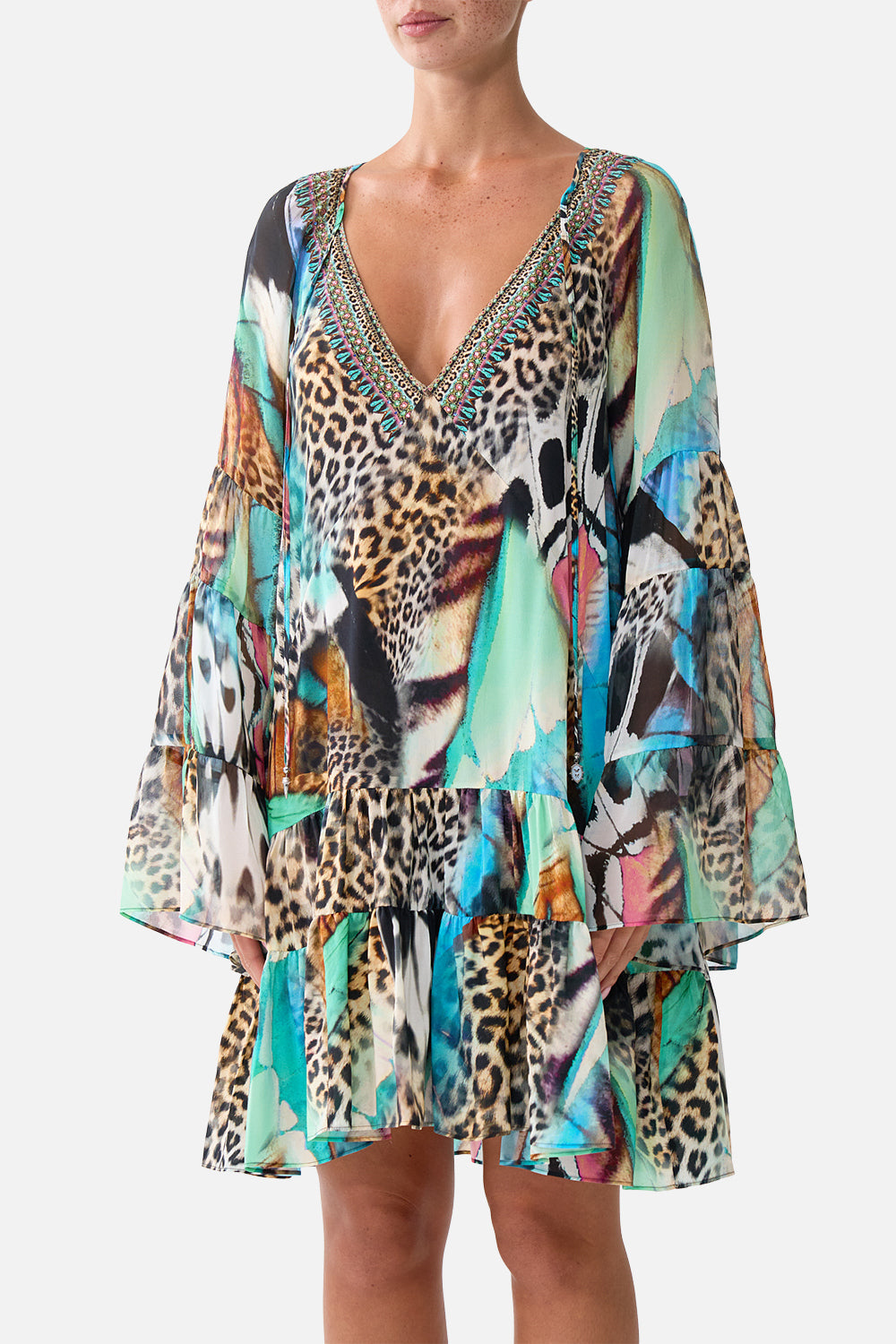 The CAMILLA A-Line Gathered Panel Dress in our Butterfly Bohemia print, detail view on model.