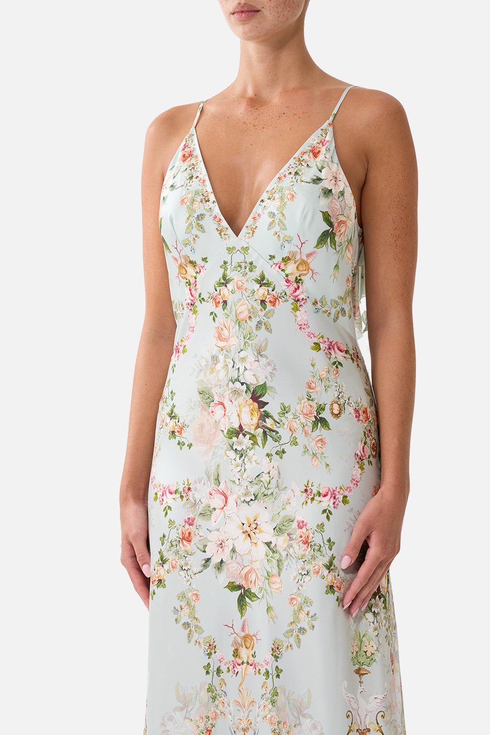 ROBE NUISANCE BIAIS COL V AVEC VOLANT DOS MOTIF WILDFLOWER WUNDERLAND