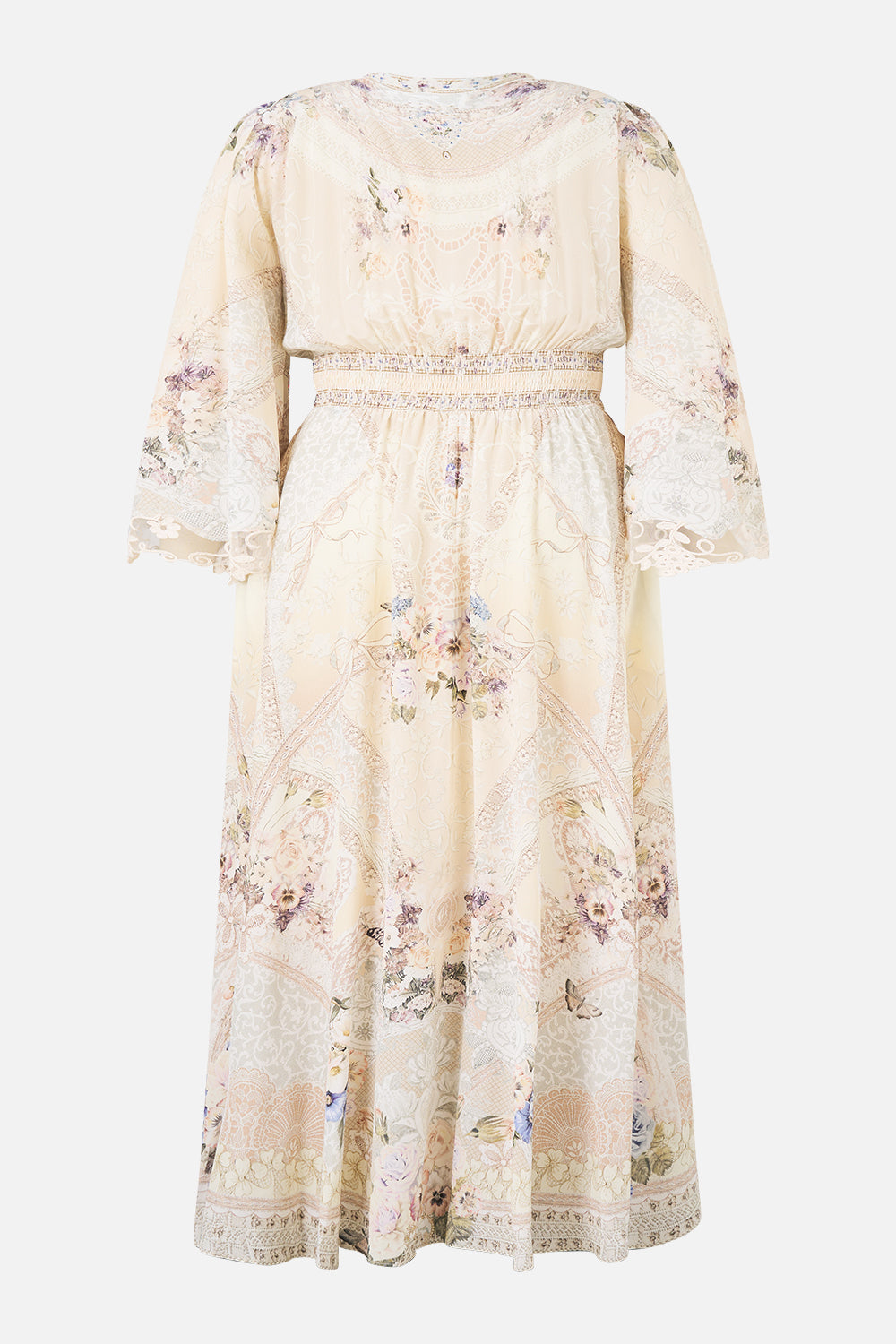 KIMONO SLEEVE DRESS WITH SHIRRING DETAIL LACED WITH LOVE