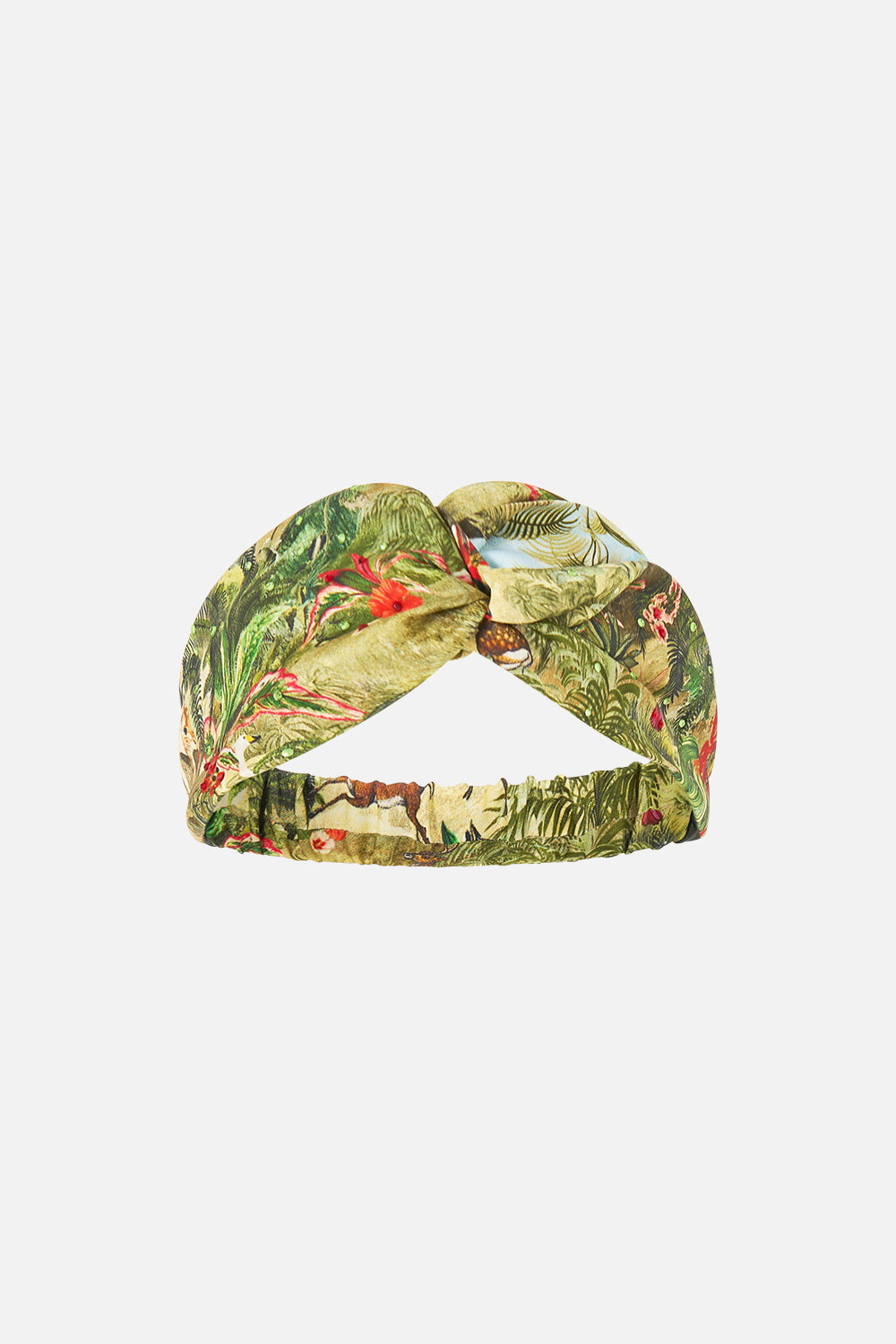 The CAMILLA Woven Twist Headband in our Wanderlust Empire print, front view.