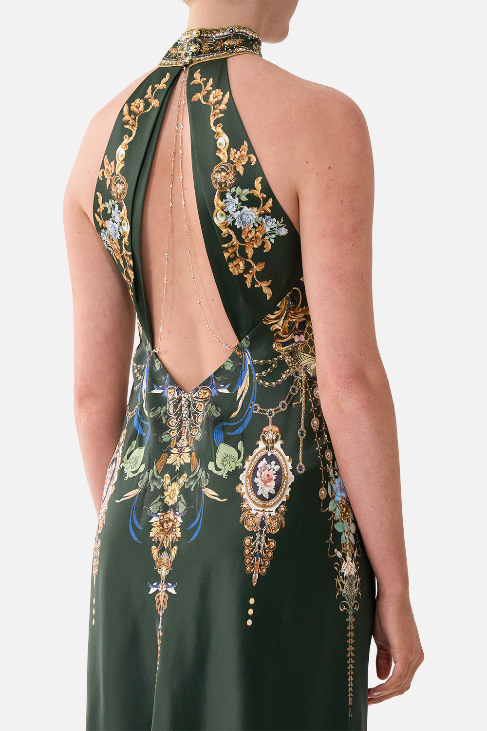 The CAMILLA High Neck Bias Dress in our The Secession Sessions print, detail view on model.