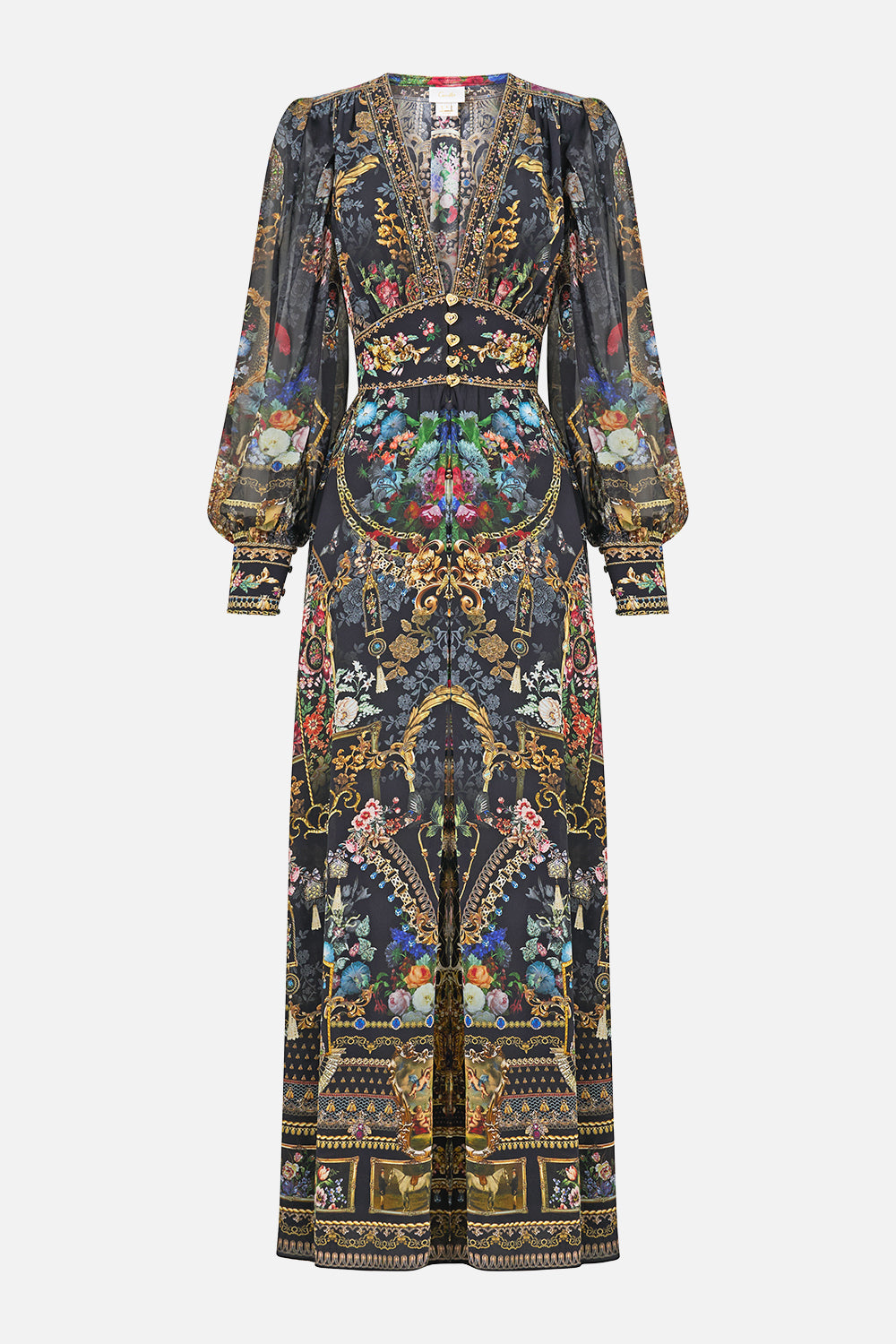 SHAPED WAISTBAND DRESS WITH GATHERED SLEEVES NIGHT GARDEN