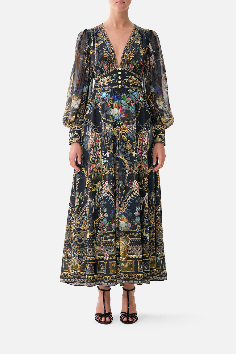 The CAMILLA SHAPED WAISTBAND DRESS WITH GATHERED SLEEVES NIGHT GARDENNIGHT GARDEN
