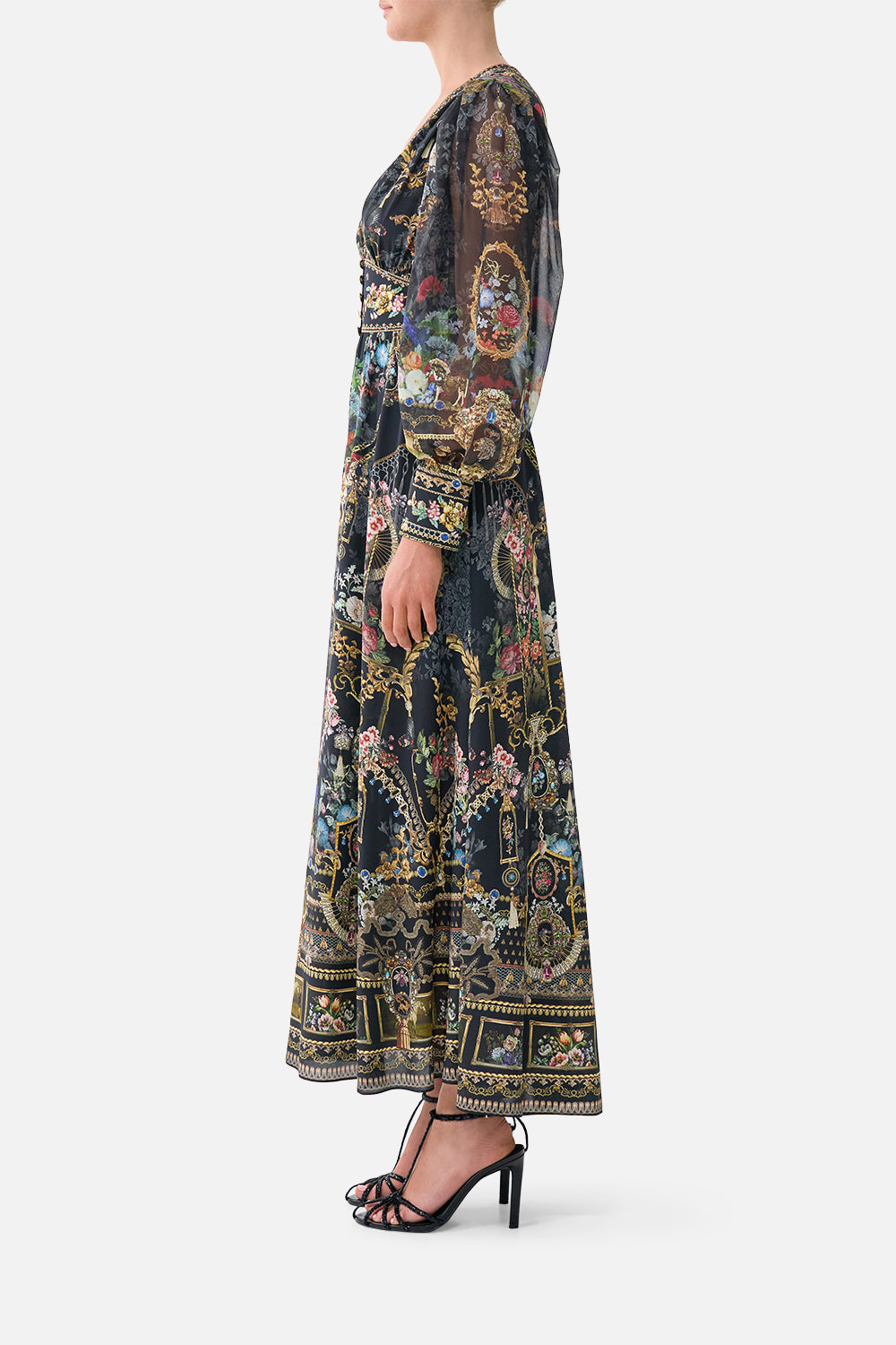 The CAMILLA SHAPED WAISTBAND DRESS WITH GATHERED SLEEVES NIGHT GARDEN