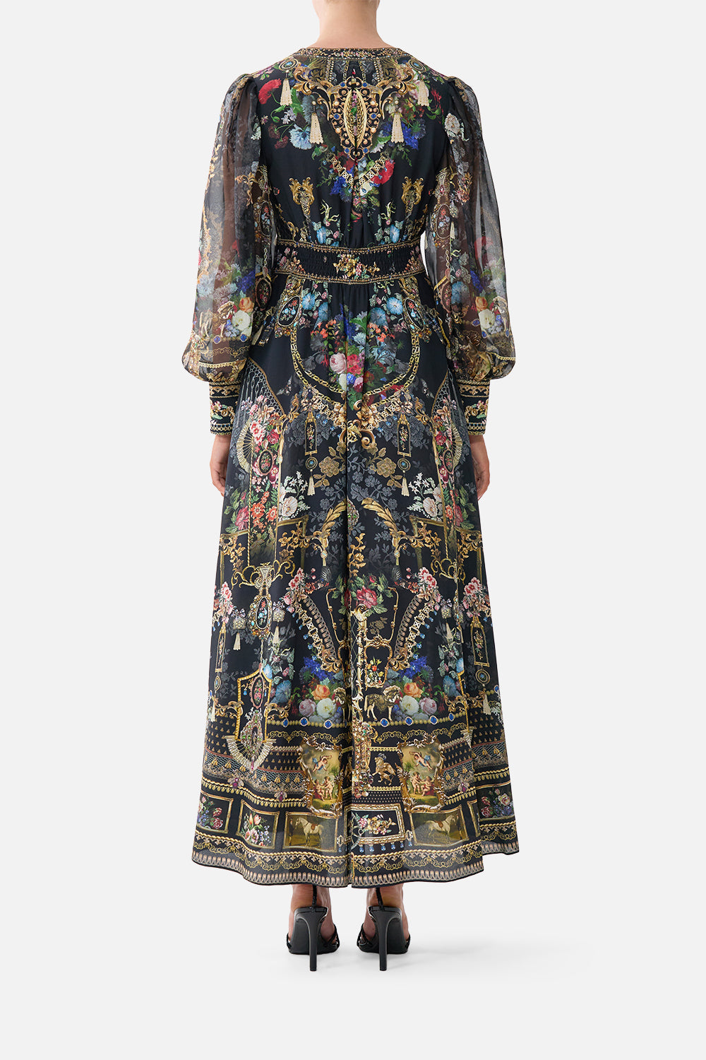The CAMILLA SHAPED WAISTBAND DRESS WITH GATHERED SLEEVES NIGHT GARDEN