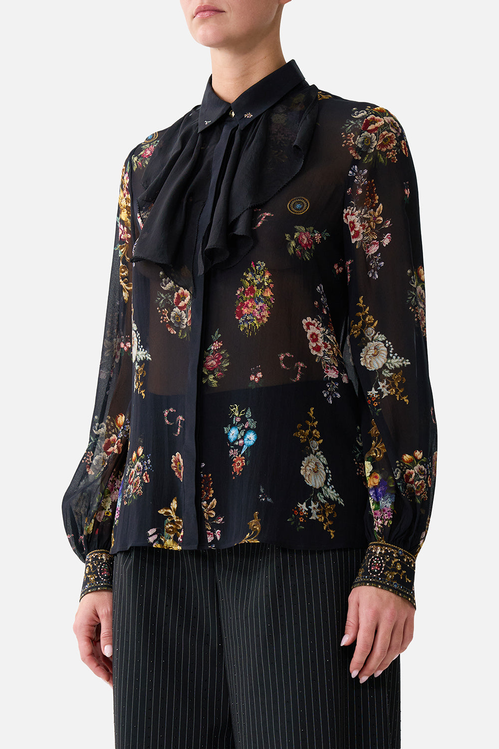 The CAMILLA COLLARED SHIRT WITH FRILL NECK DETAIL NIGHT GARDEN