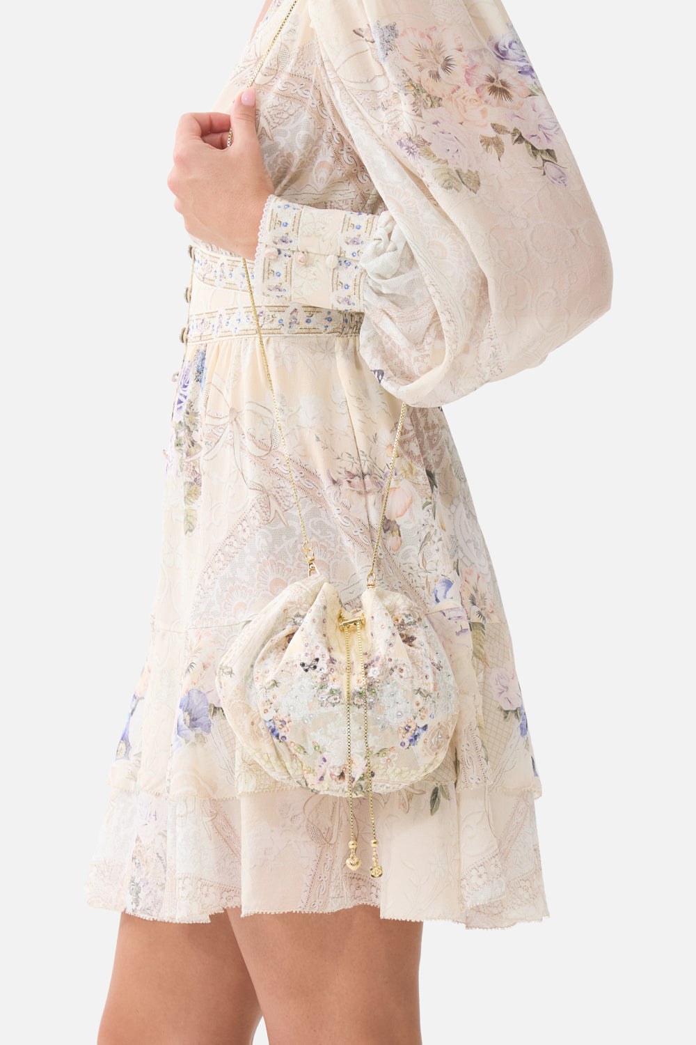 The CAMILLA LACE UP V NECK BLOUSE WITH CASCADE RUFFLES CHAMBER OF BLOOMS in our  print.