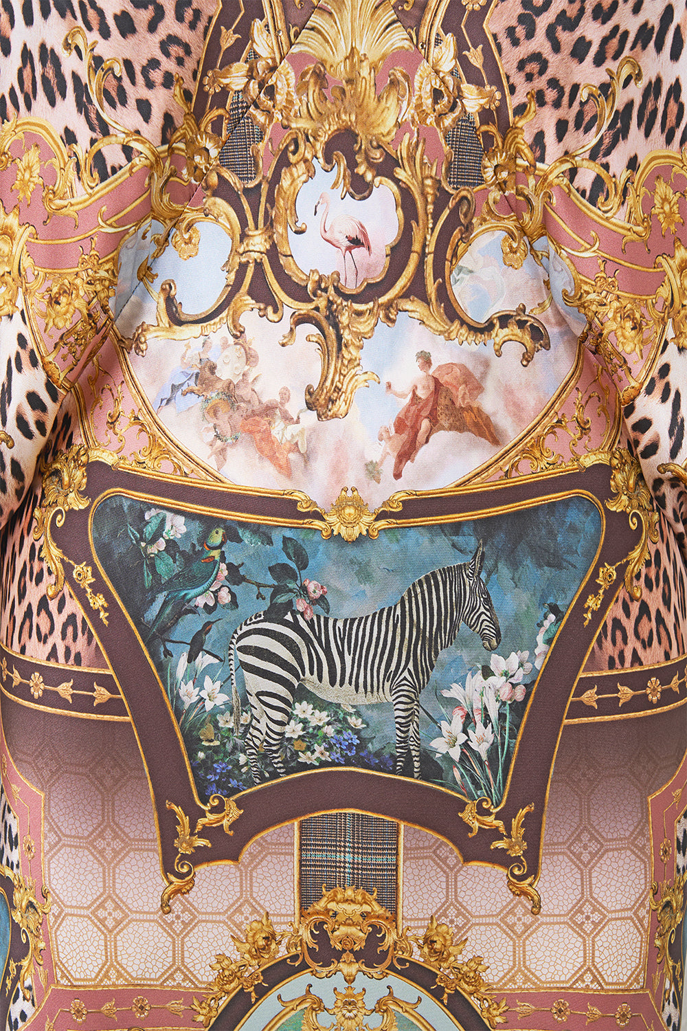 The CAMILLA PLUNGE NECK DRAPED SHOULDER DRESS ANIMALS IN THE PALACE