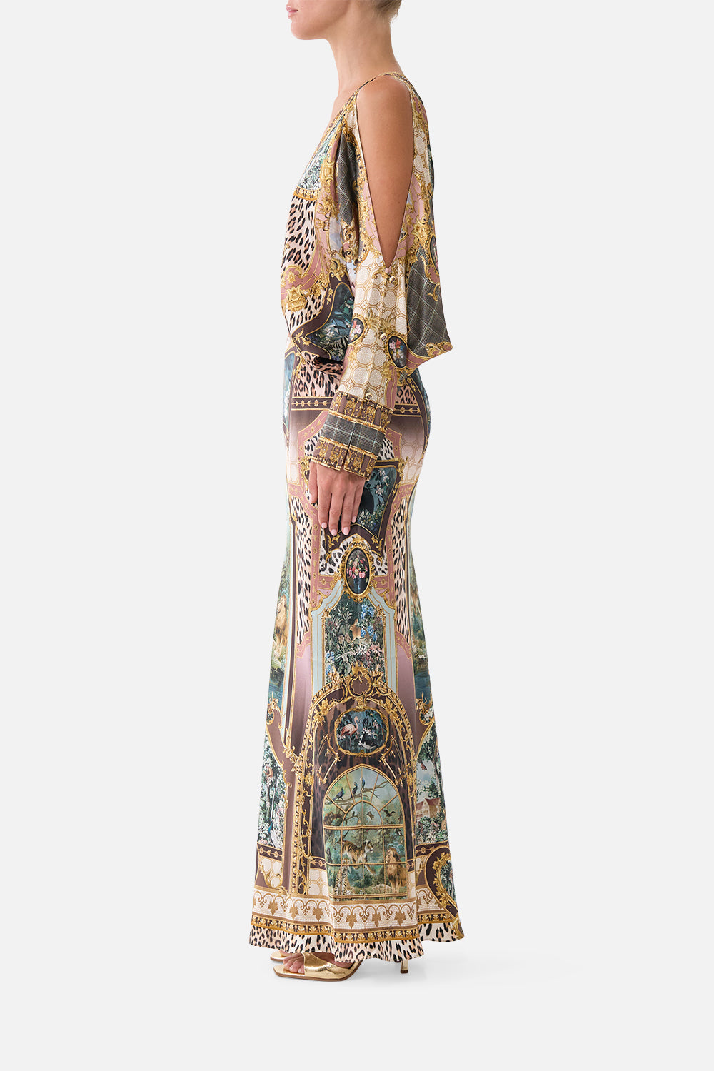 The CAMILLA PLUNGE NECK DRAPED SHOULDER DRESS ANIMALS IN THE PALACE