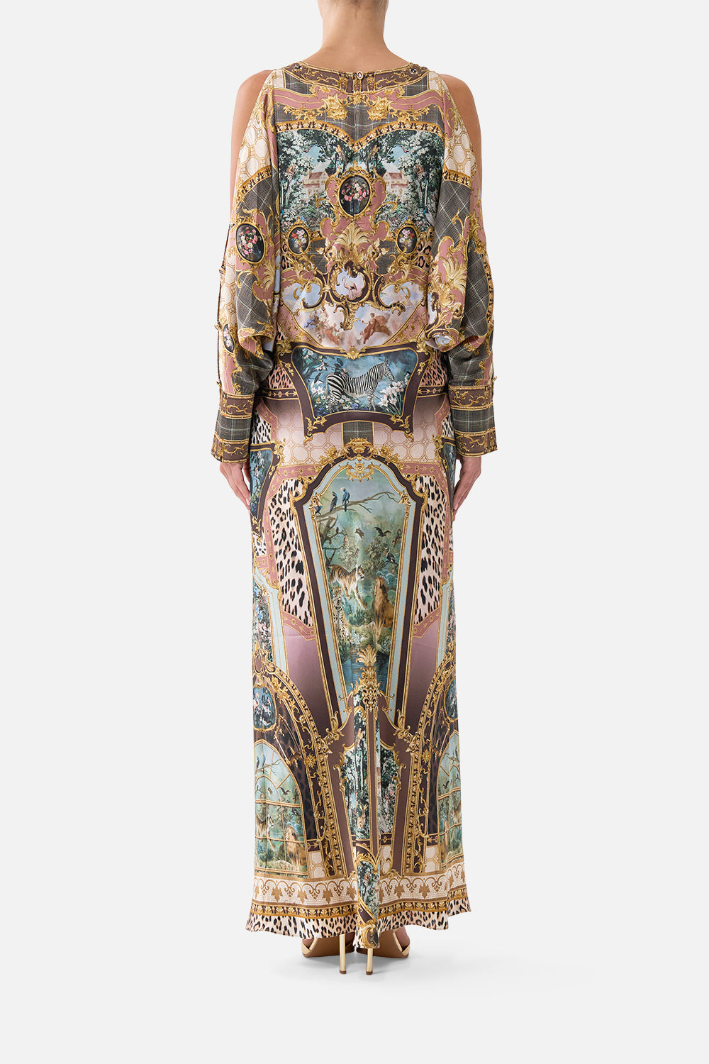 The CAMILLA PLUNGE NECK DRAPED SHOULDER DRESS ANIMALS IN THE PALACE