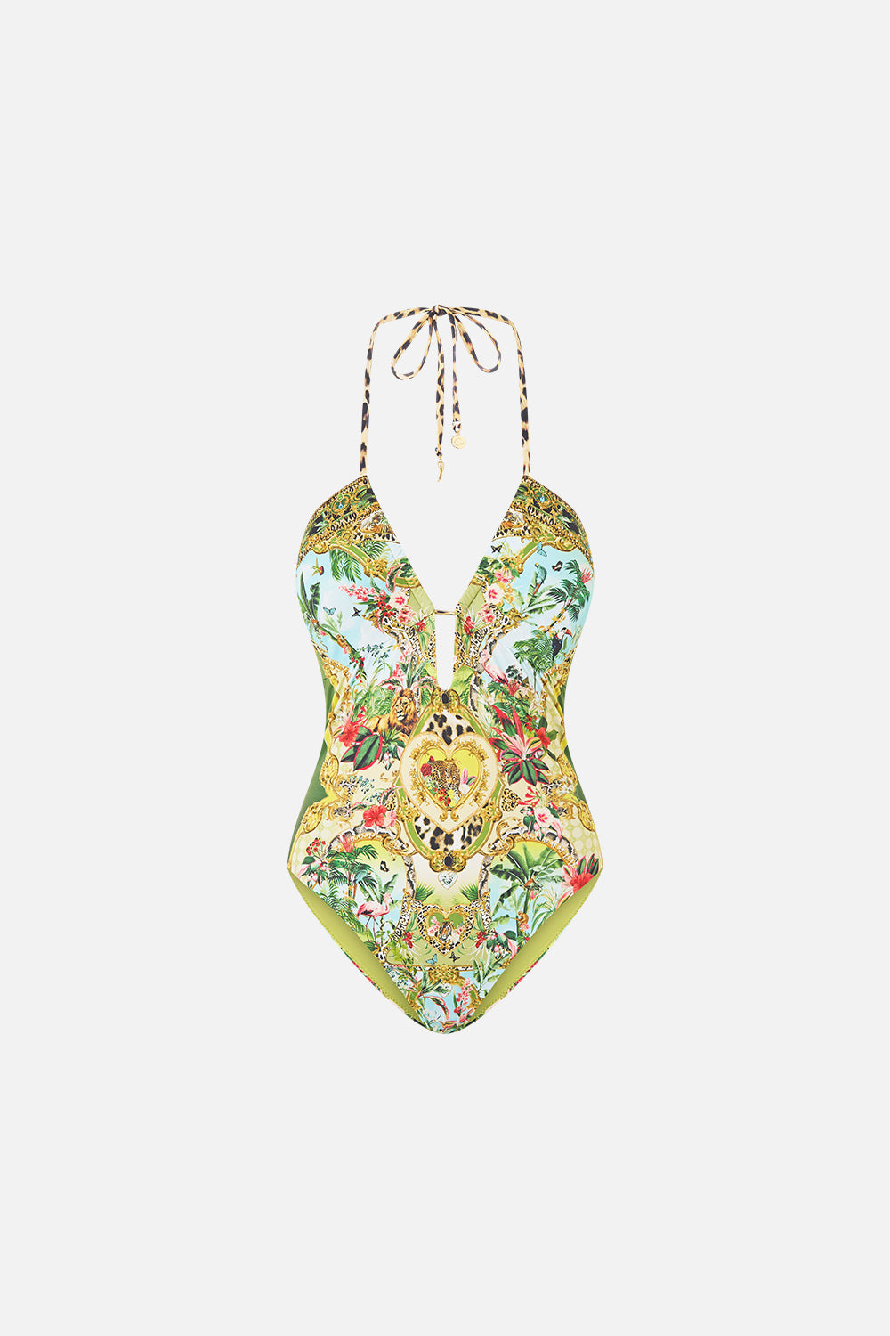 The CAMILLA Halter Neck Tie One Piece W Keyhole in our Wanderlust Empire print, front view.