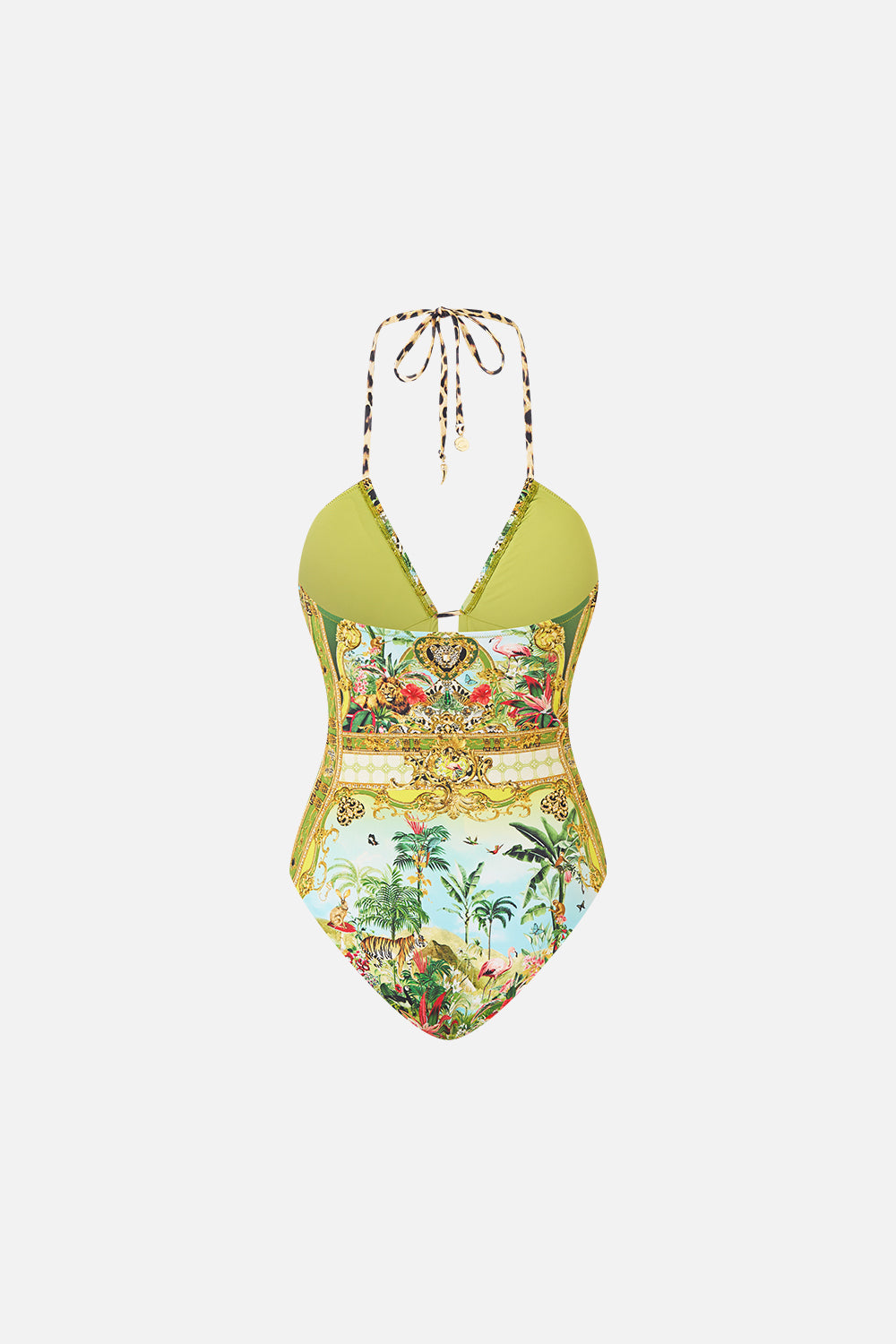 The CAMILLA Halter Neck Tie One Piece W Keyhole in our Wanderlust Empire print, back view.