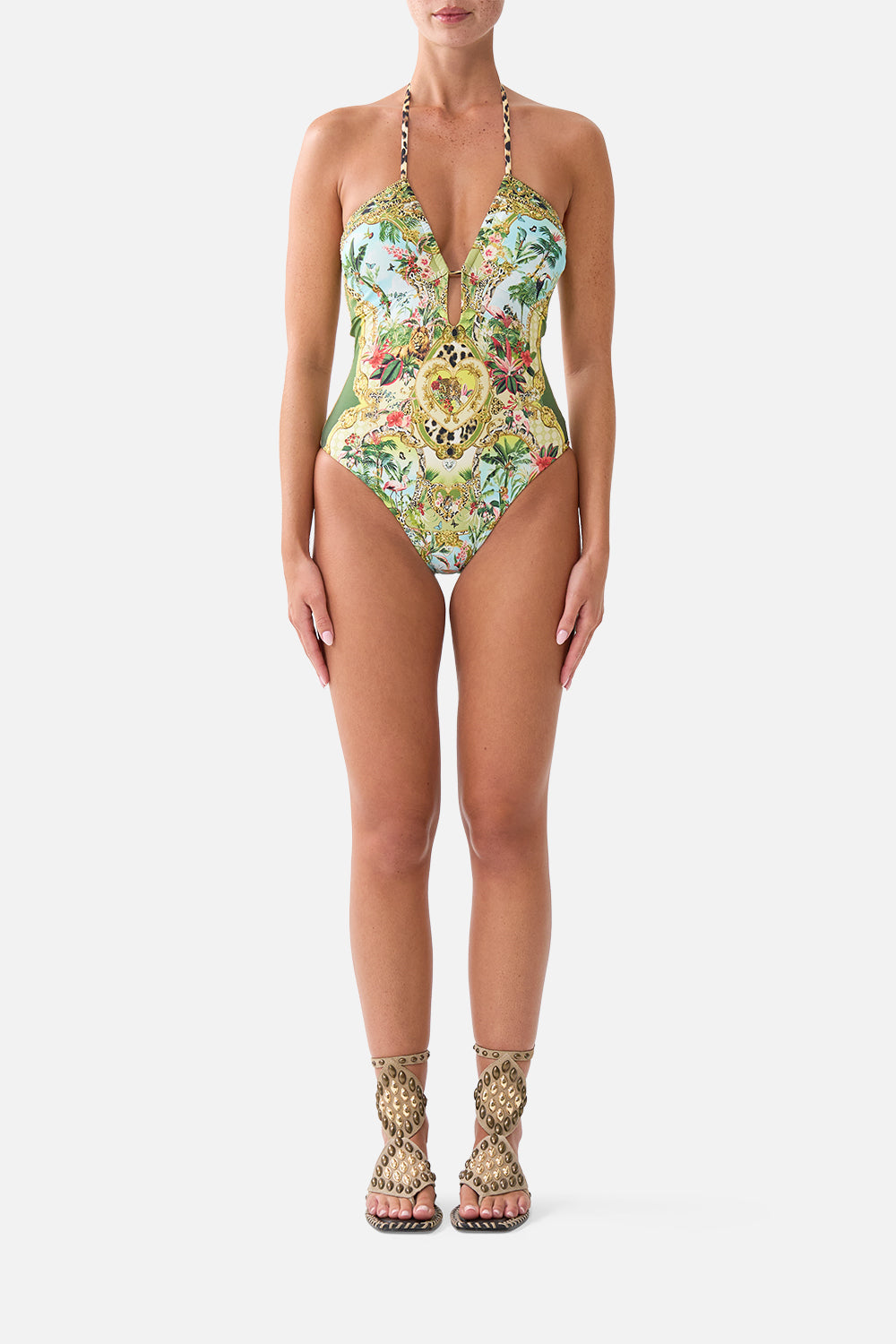 The CAMILLA Halter Neck Tie One Piece W Keyhole in our Wanderlust Empire print, front view on model.