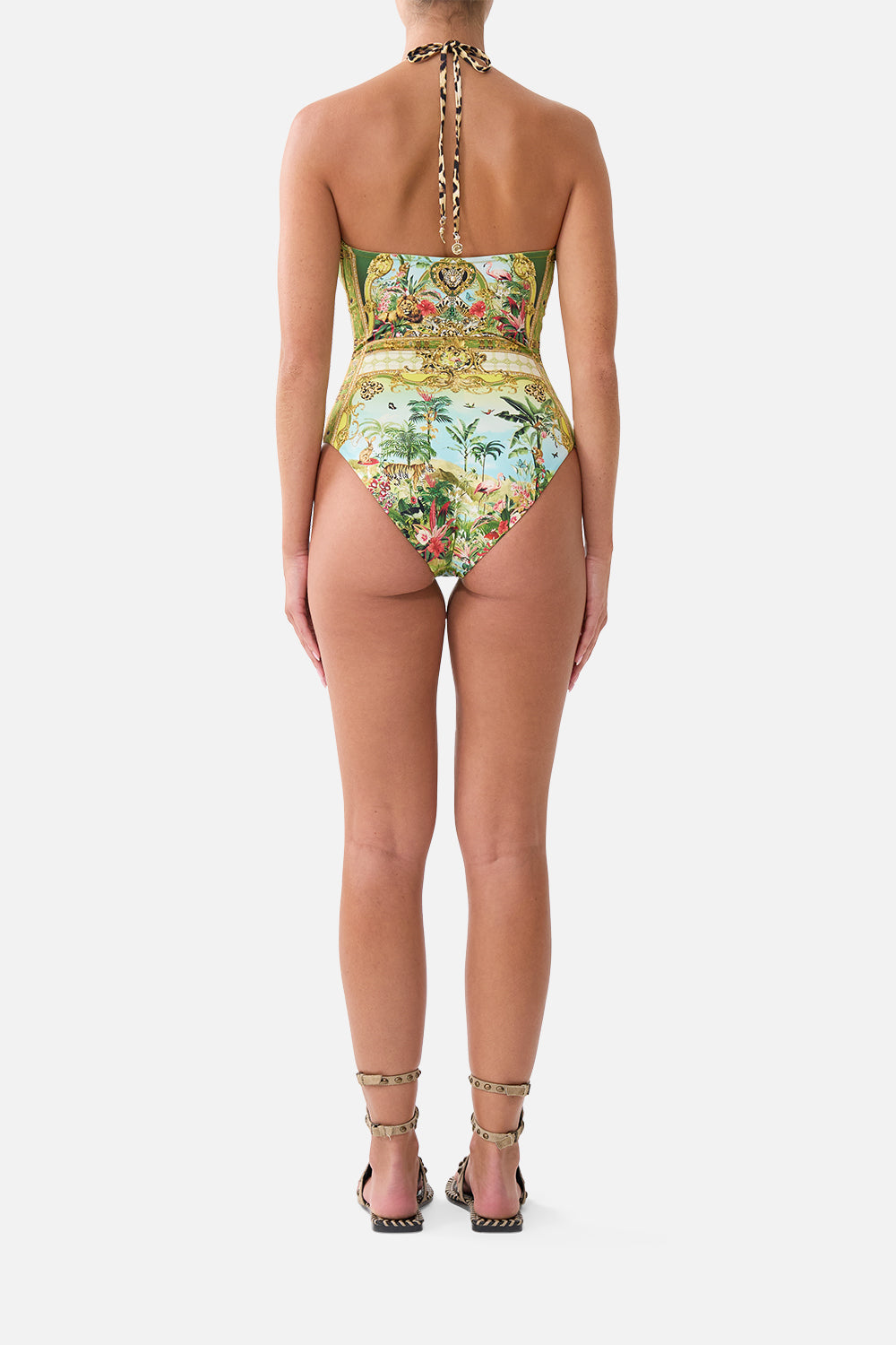The CAMILLA Halter Neck Tie One Piece W Keyhole in our Wanderlust Empire print, back view on model.
