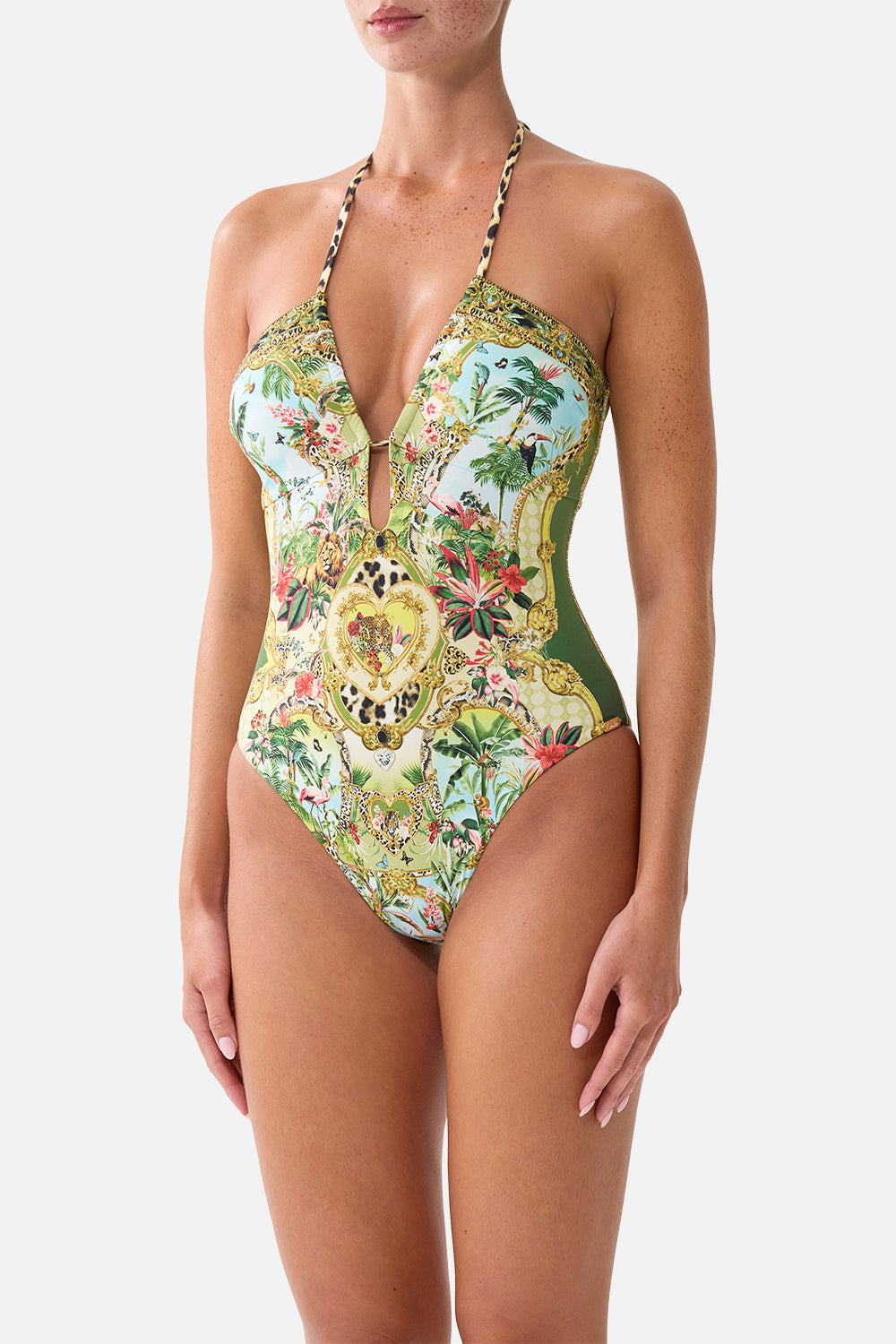 The CAMILLA Halter Neck Tie One Piece W Keyhole in our Wanderlust Empire print, detail view on model.