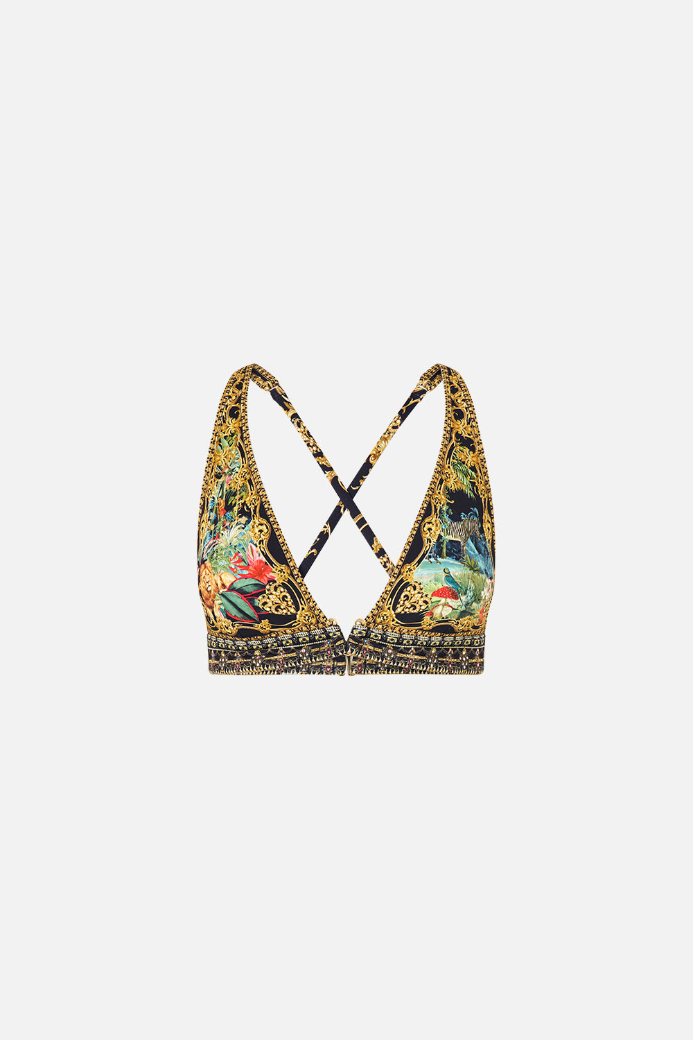 The CAMILLA High Tri Bikini Top W Front Trim in our Palace Zoology print, front view.