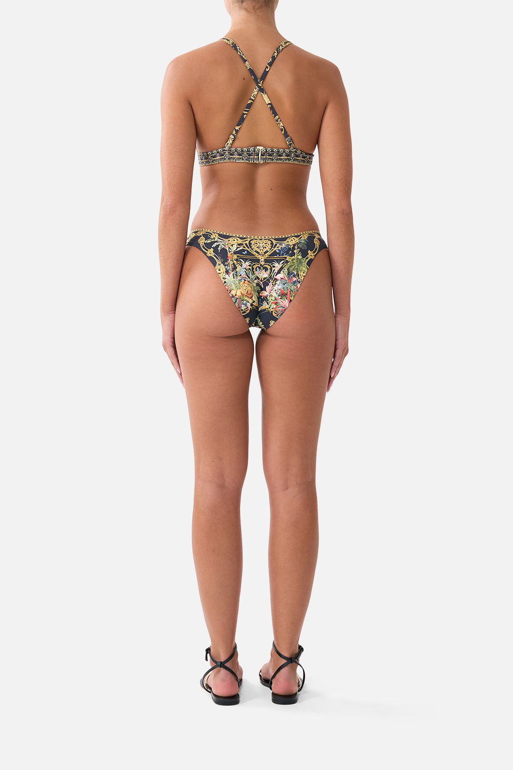 The CAMILLA High Tri Bikini Top W Front Trim in our Palace Zoology print, back view on model.