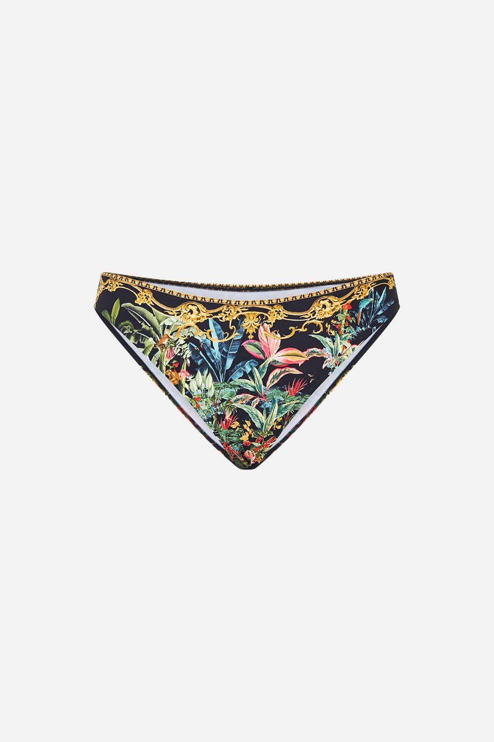 The CAMILLA Dipped Waist Regular Bikini Bottom in our Palace Zoology print, front view.