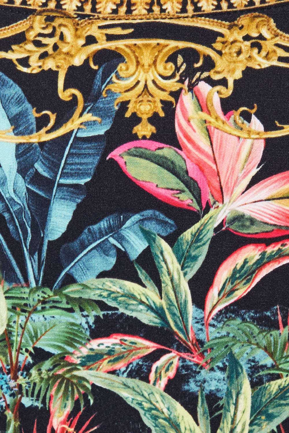 The CAMILLA Dipped Waist Regular Bikini Bottom in our Palace Zoology print, fabric detail.