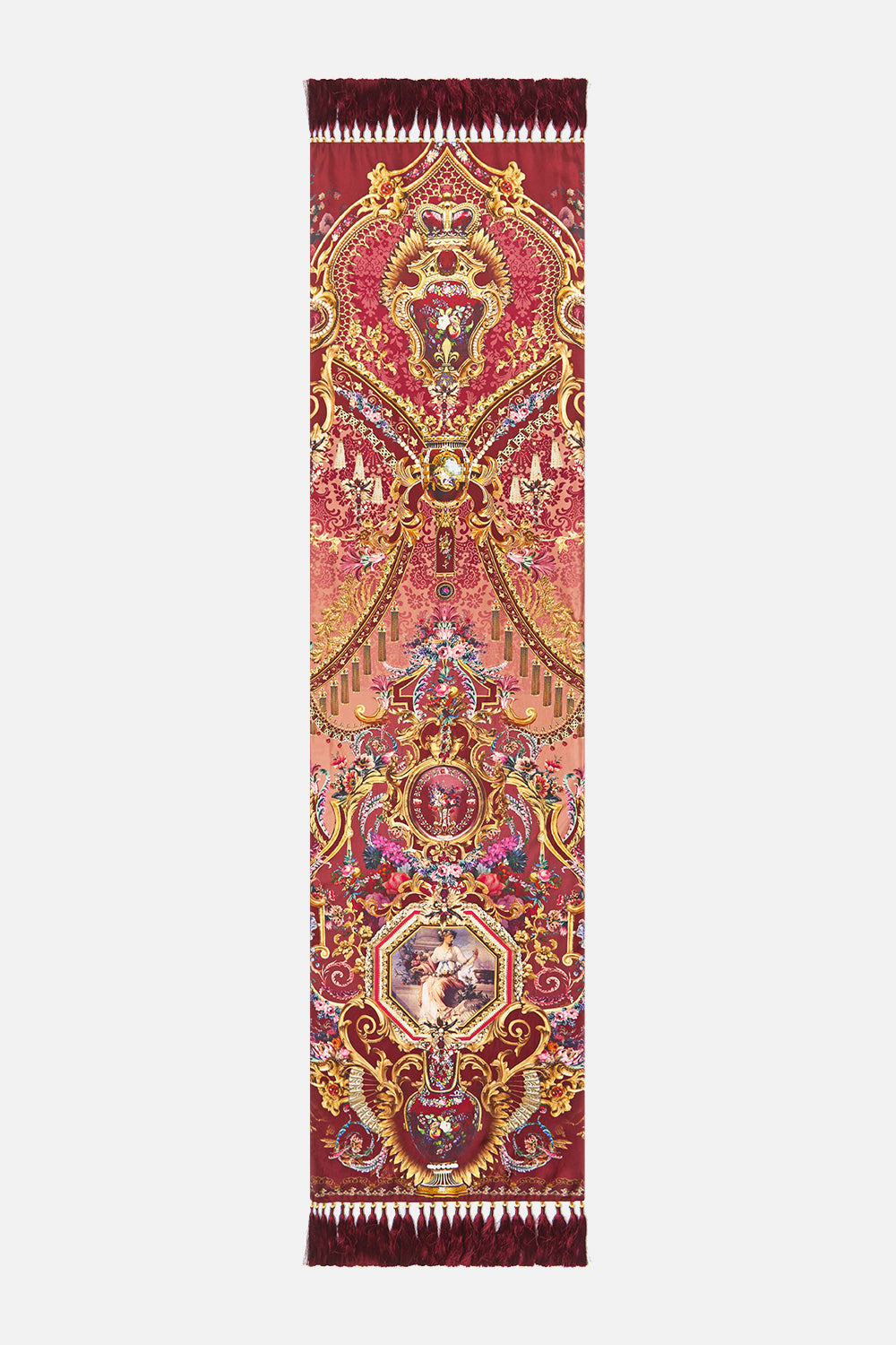 The CAMILLA Long Scarf with Tassels in our Call Me a Carriage print, front view.