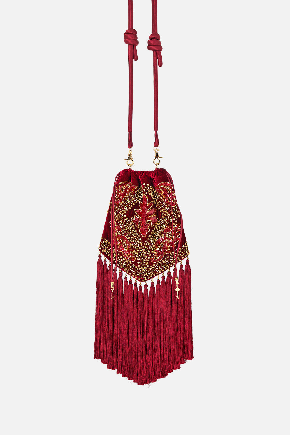 The CAMILLA Drawstring Tassel Bag in our Call Me a Carriage print, back view.