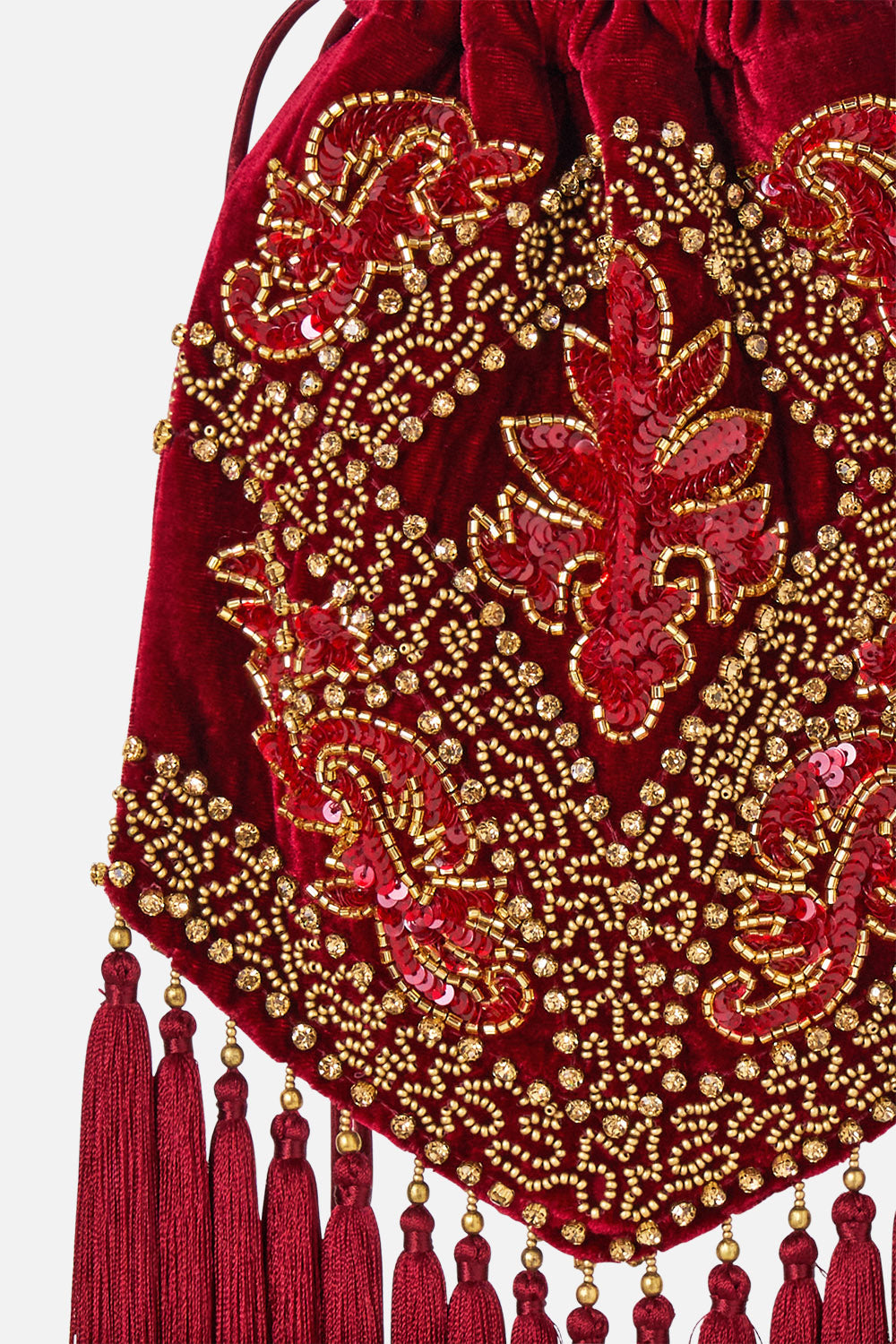 The CAMILLA Drawstring Tassel Bag in our Call Me a Carriage print, fabric detail.