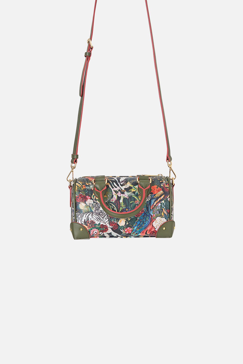 The CAMILLA Barrel Bag with Leather Trims in our Leotigra Land print.