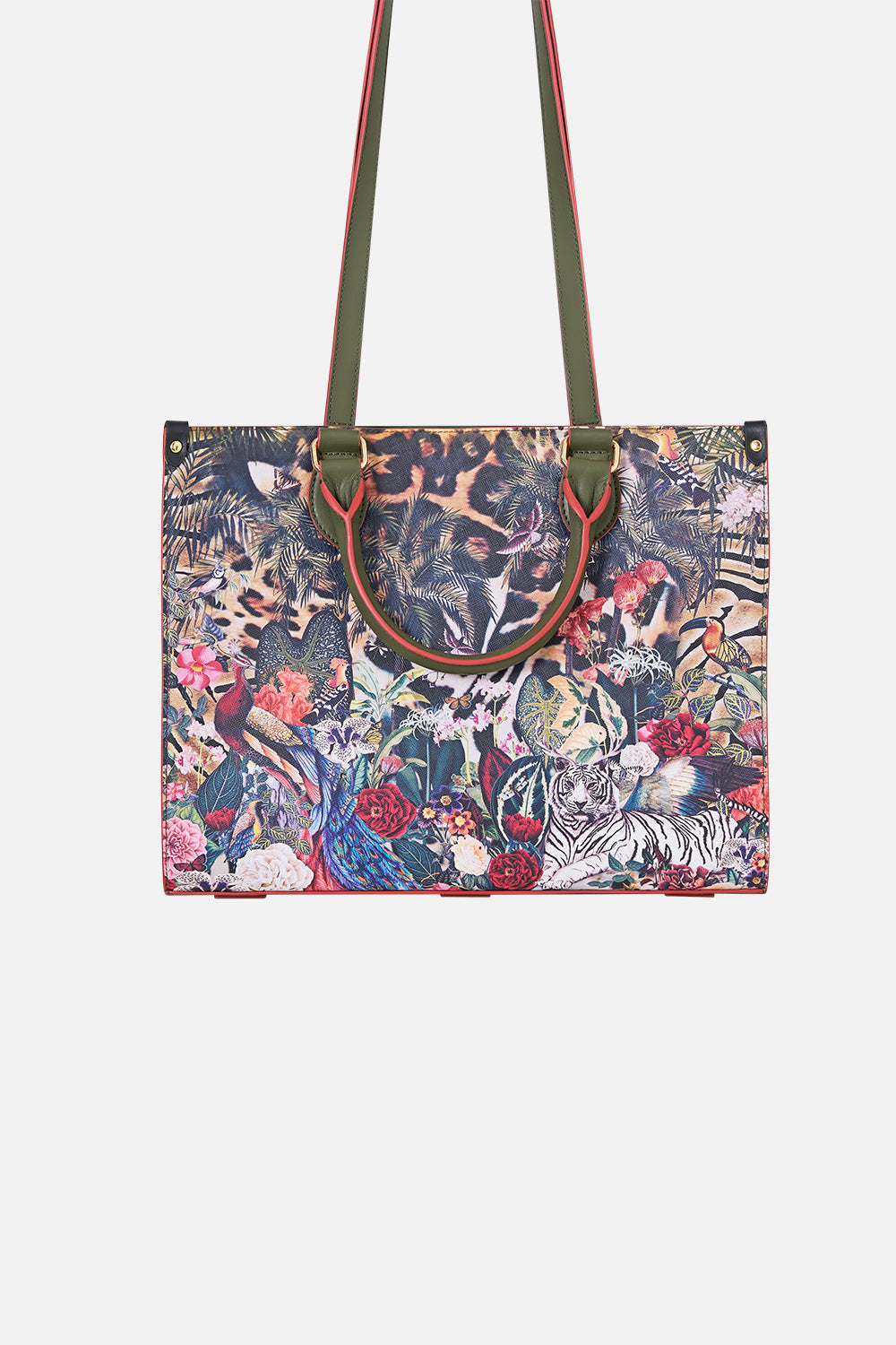 The CAMILLA East West Tote with Leather Trims in our Leotigra Land print.